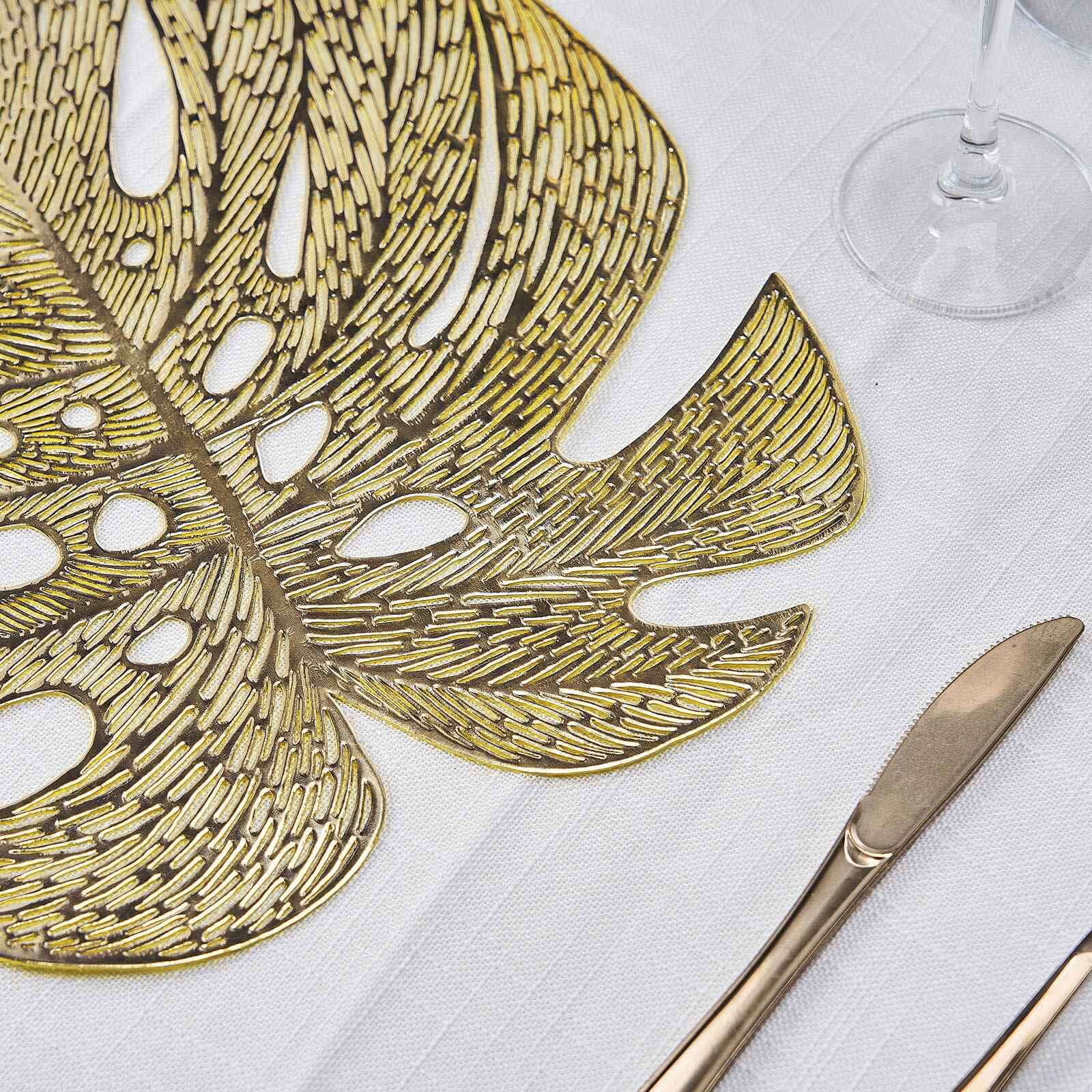 6-Pack Dining Table Mats Monstera Leaf Design Gold - Vinyl Non-Slip Surface for Tropical Themes 18"
