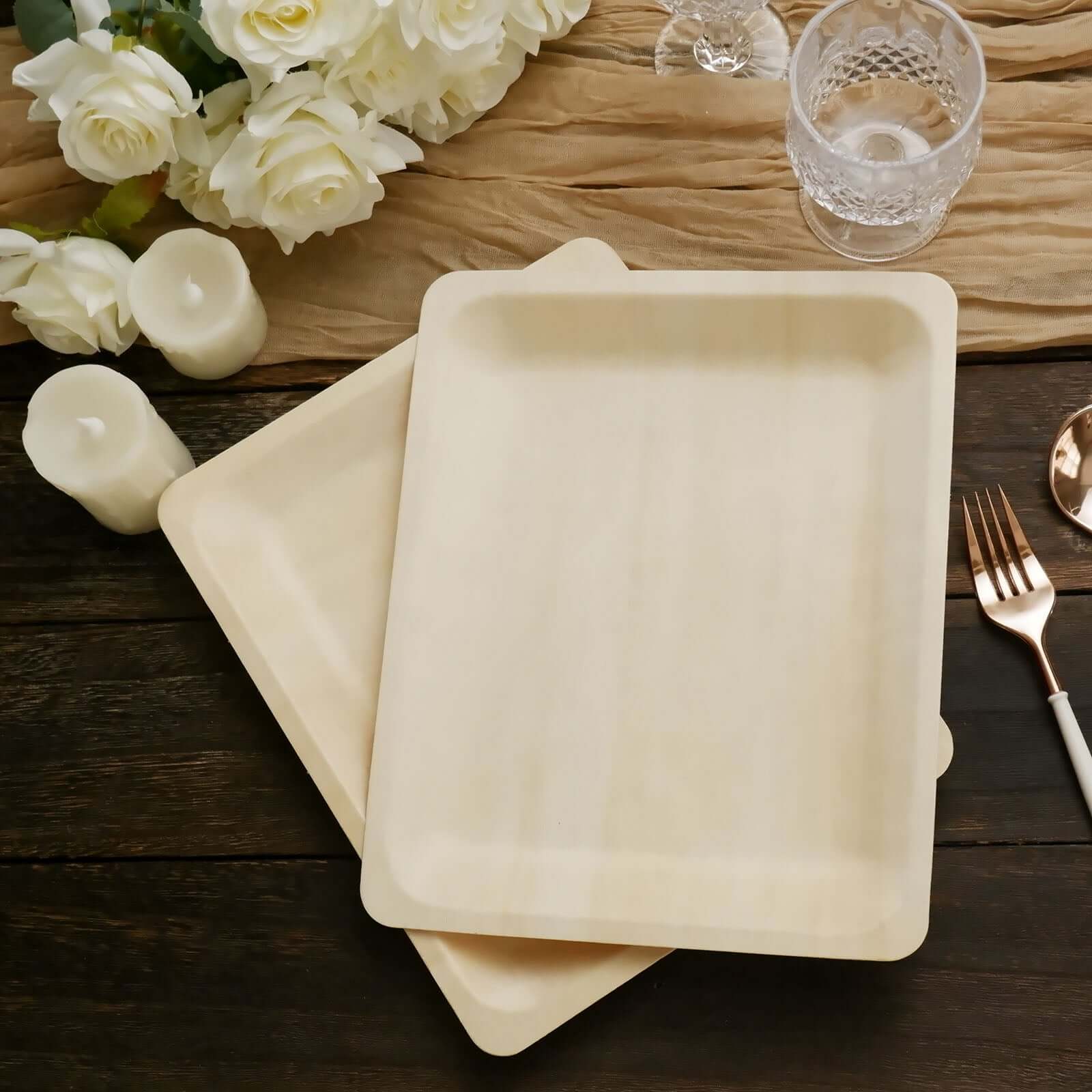 12-Pack Birchwood 8"x10" Rectangle Dinner Plates - Natural Eco Friendly Wooden Disposable Plates for Farmhouse-Style Events, Parties & Gatherings