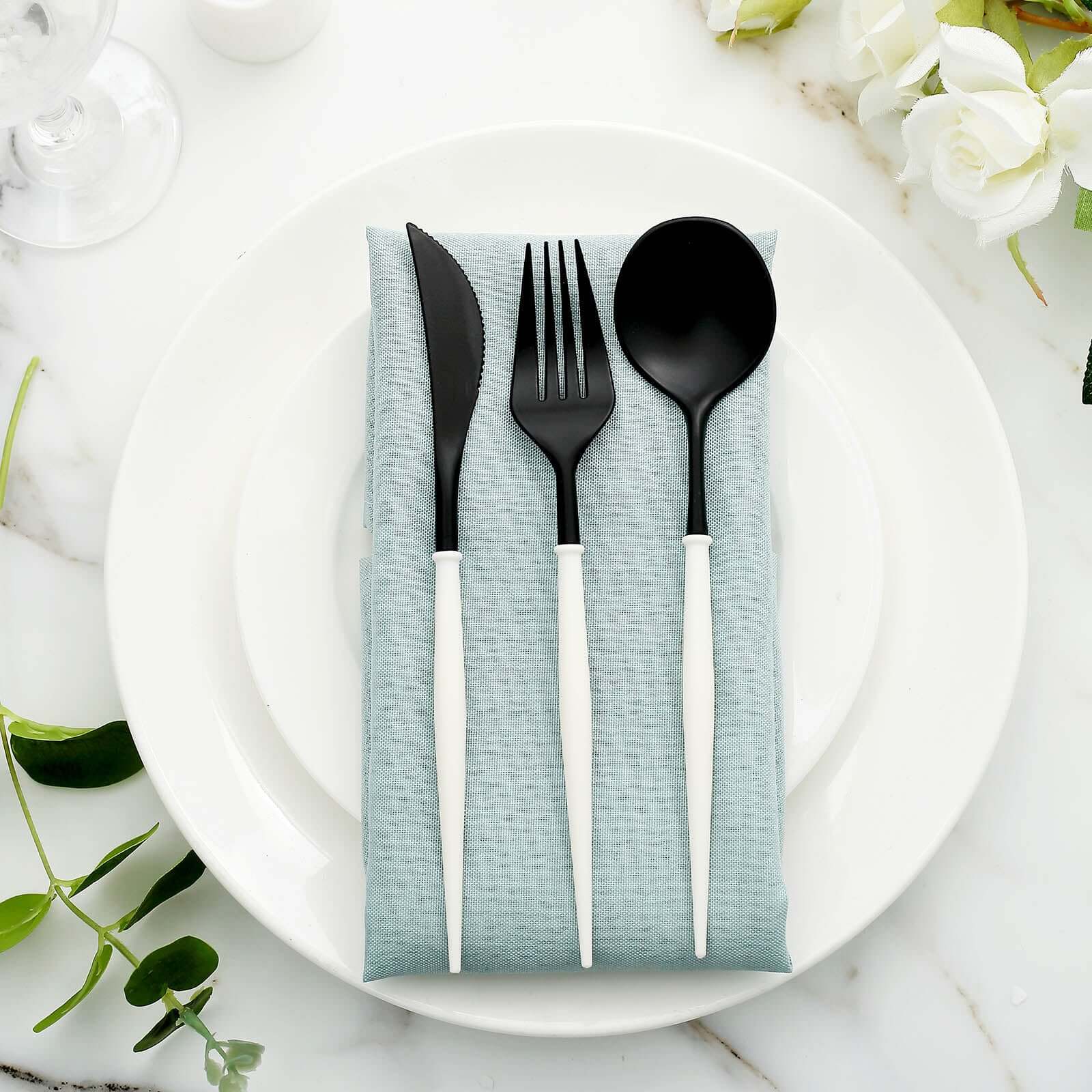 24-Pack Plastic Flatware Set in Black with Ivory Handle - Heavy Duty Disposable Modern Silverware 8"