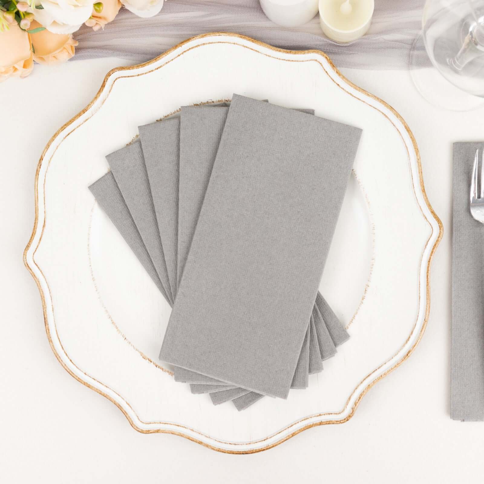 20-Pack Paper Linen-Like Napkins Silver - Disposable Hygienic Airlaid Guest Towels 8.5"x4"