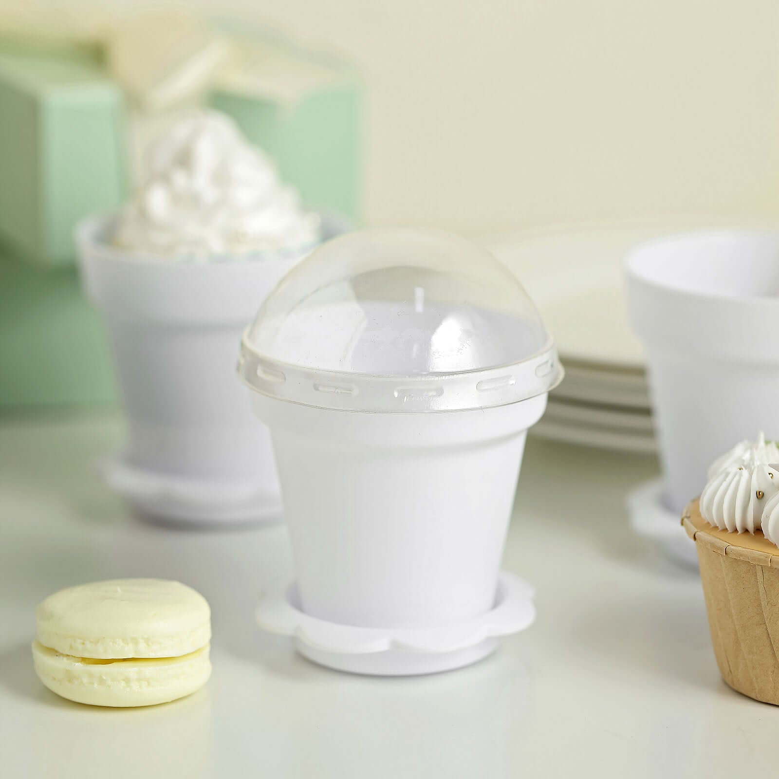 12-Pack Dessert Cups Succulent Planter Design White - Plastic Serving Cups with Lids and Shovels 4"