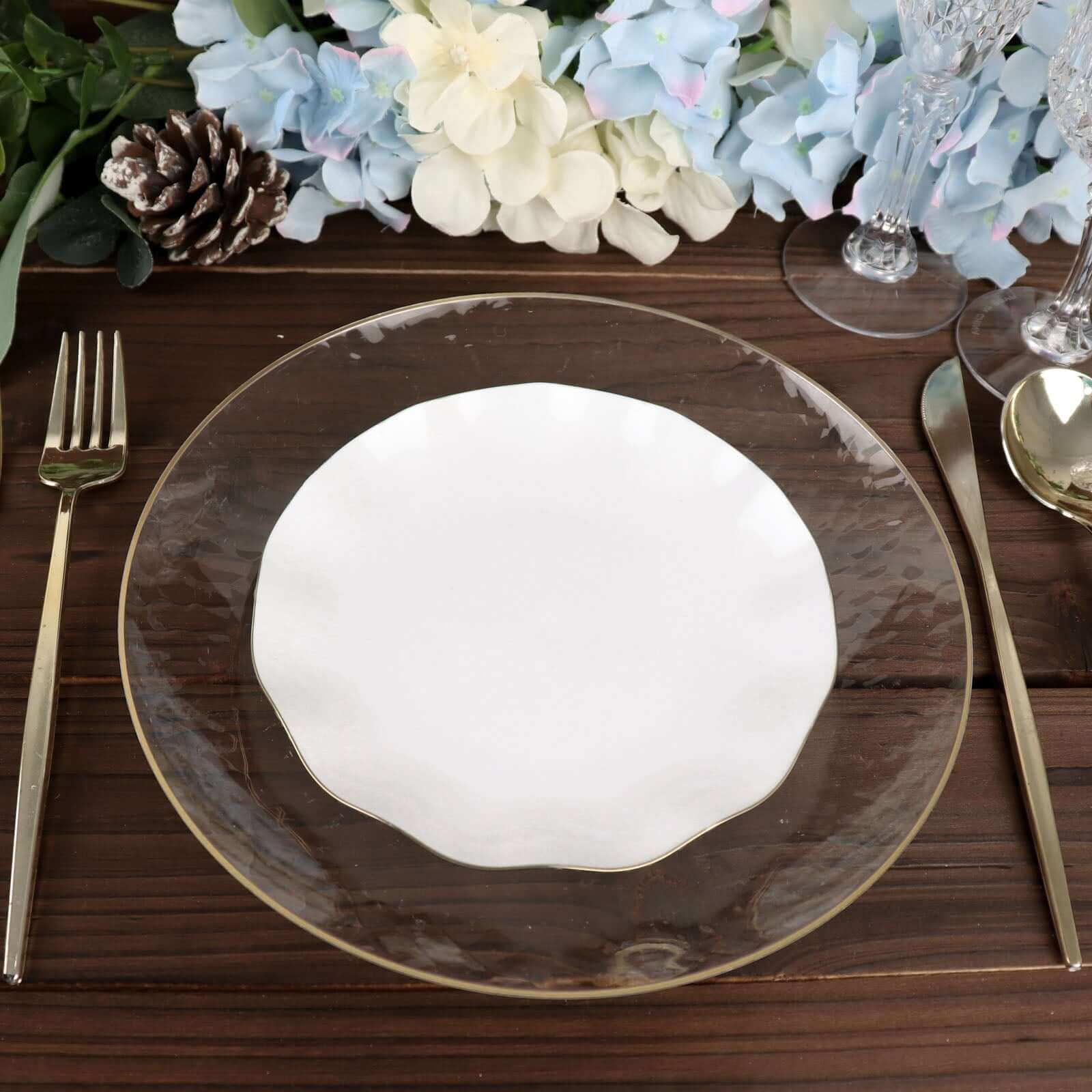 10-Pack Plastic Round 6" Dessert Plates in White Ruffled Rim with Gold Edging - Sturdy Disposable Salad Appetizer Dinnerware for Classy Events & Banquets