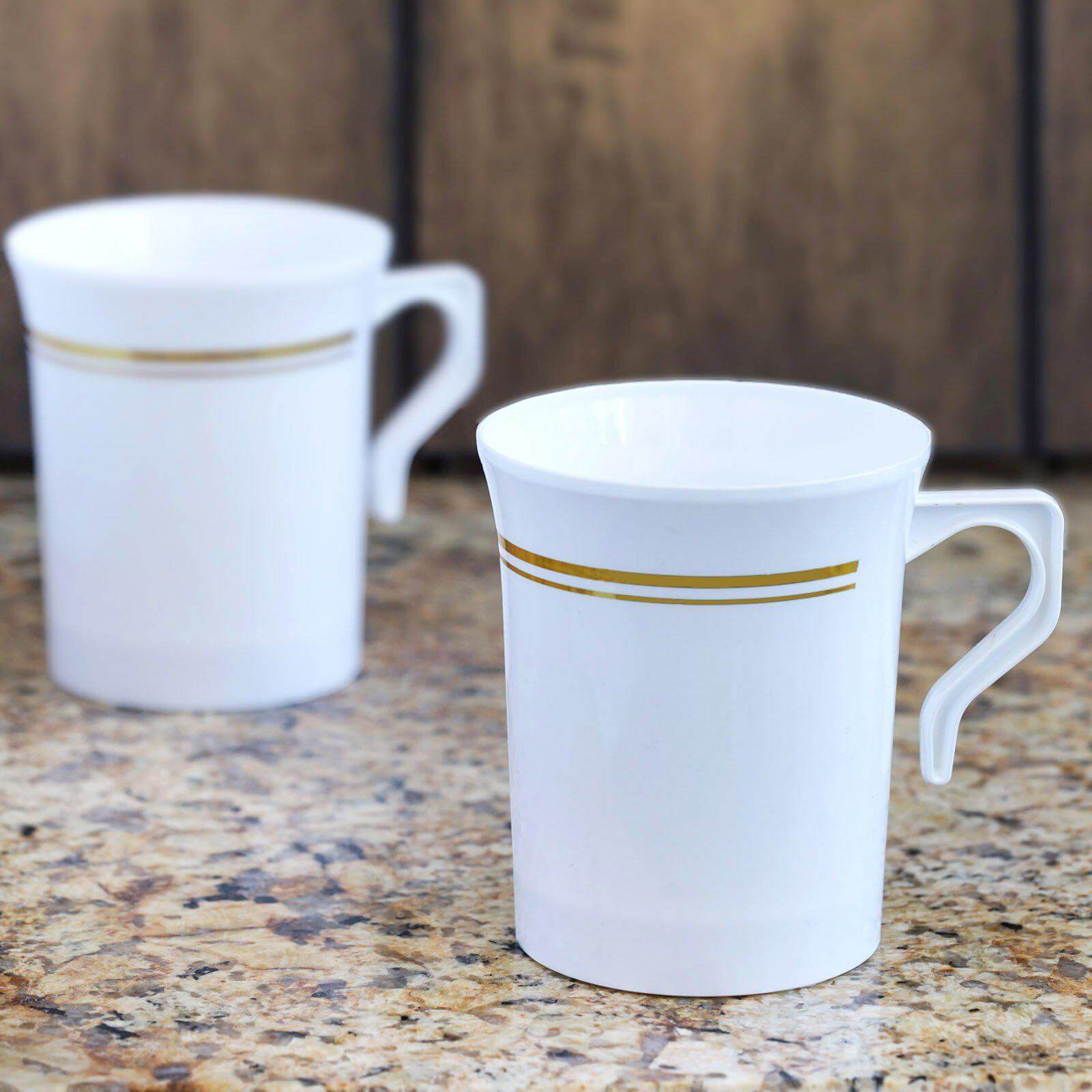 8-Pack Plastic Coffee Mugs White with Gold Stripes - Sturdy Disposable Cups for Coffee and Tea 8oz 3.5"