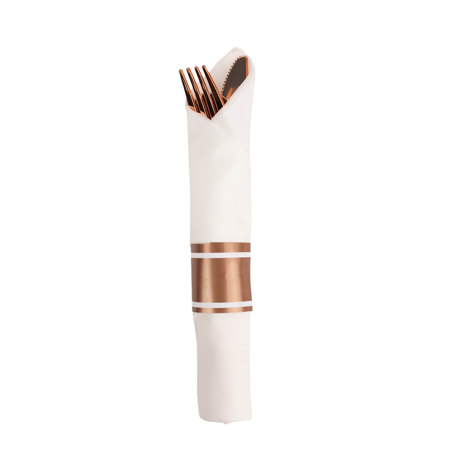 Set of 24 Rose Gold Plastic Silverware with Pre-Rolled White Paper Napkins - Disposable Wrapped Fork, Spoon, and Knife Set