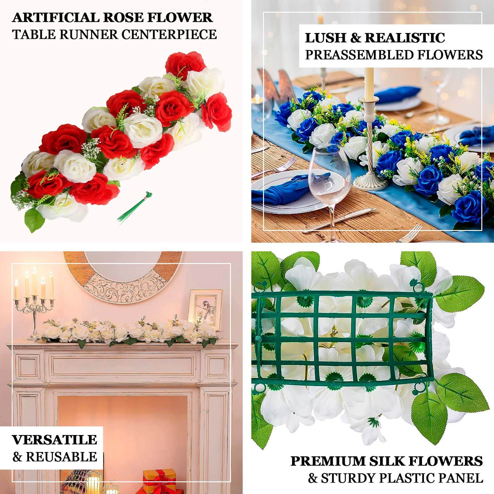 6 Pack Cream Ivory Silk Rose Flower Panel Table Runner, Artificial Floral Arrangements Wedding Table Centerpiece - 20"x8"
