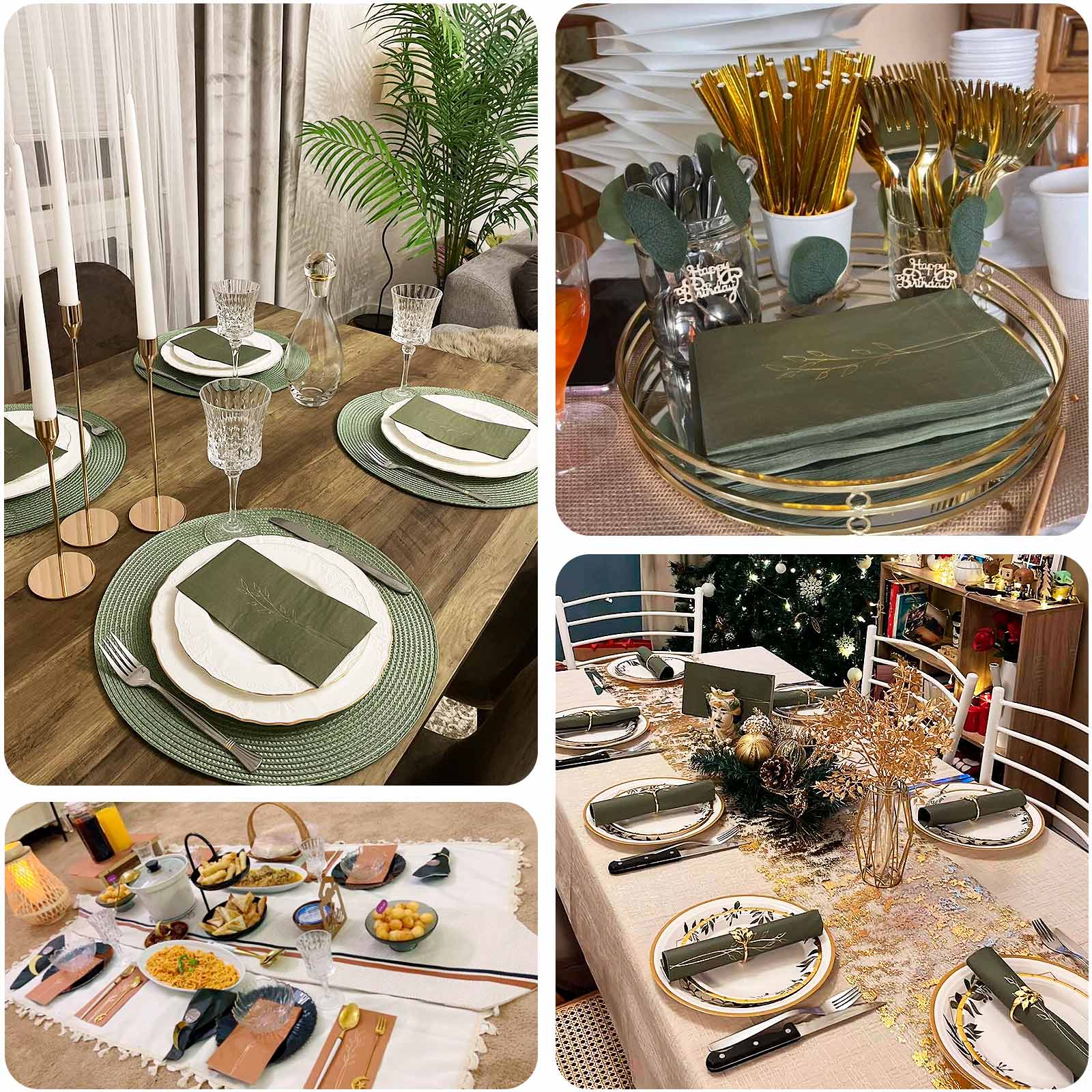 50-Pack Paper Dinner Napkins Olive Green with Gold Embossed Leaf - Stylish 2-Ply Disposable Napkins for Weddings 18GSM