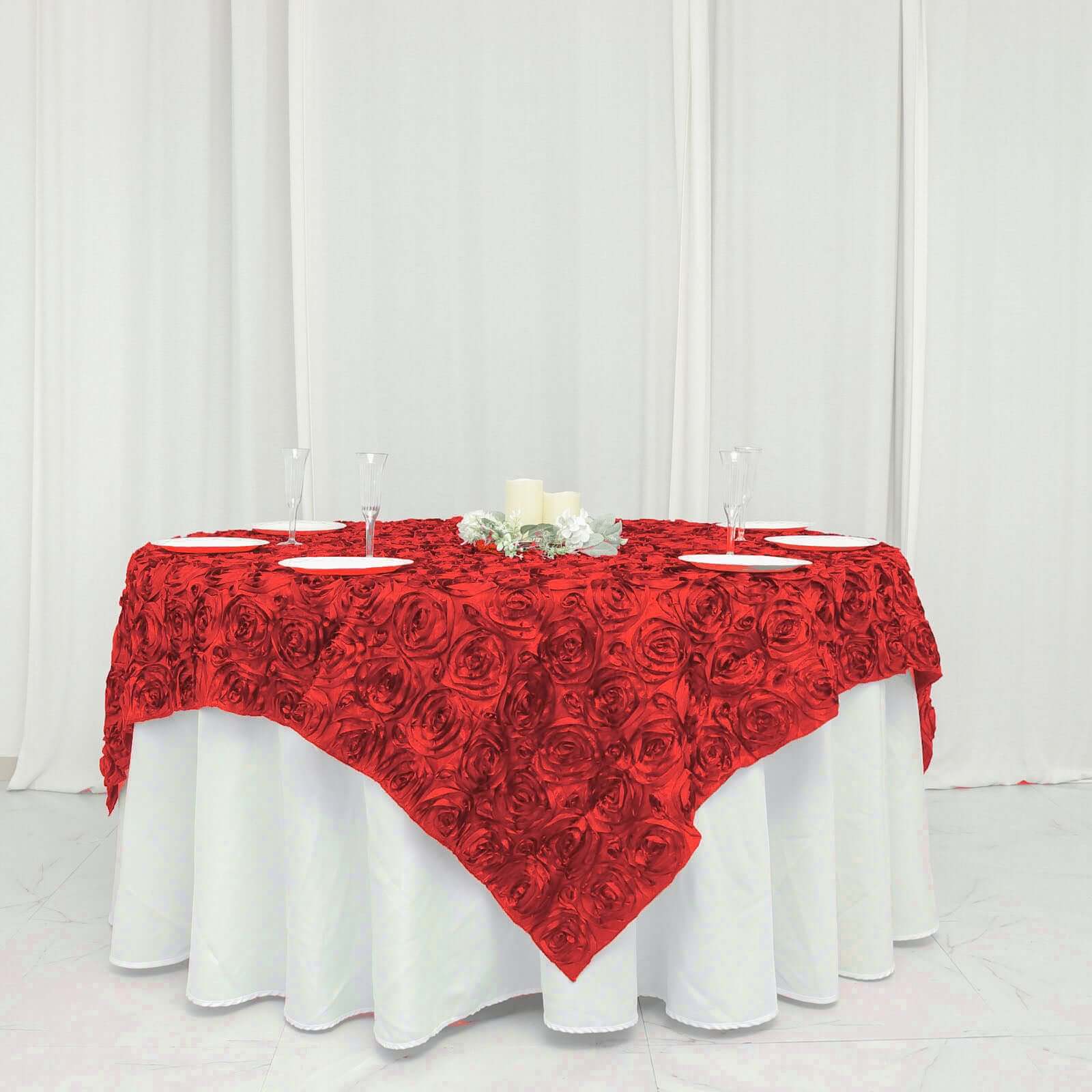 Satin 72"x72" Table Overlay Square Tablecloth Red - 3D Rosette Table Cover