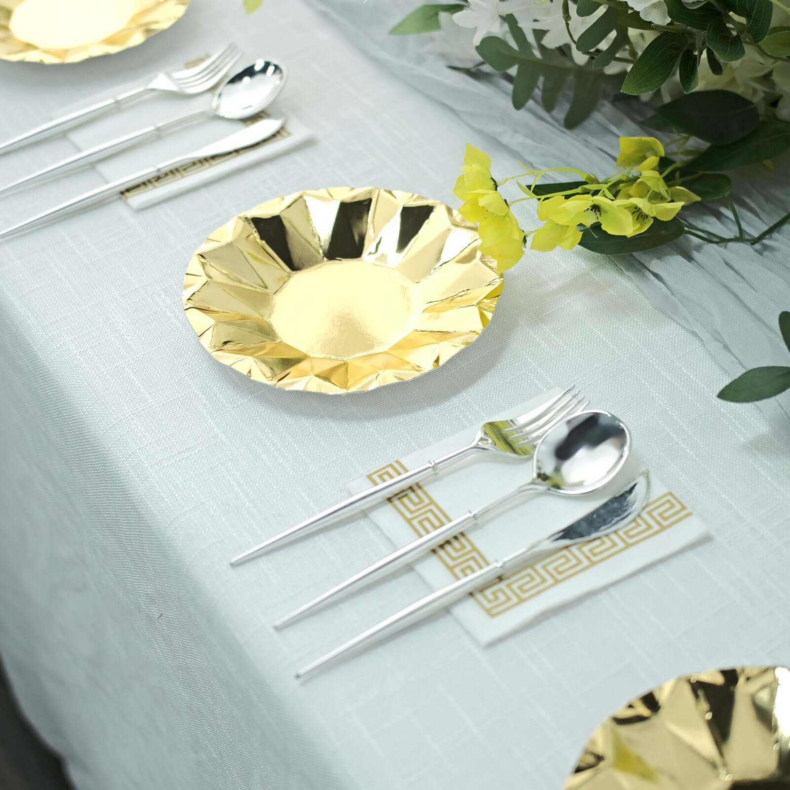 25-Pack Paper 7" Round Dessert Plates in Metallic Gold with Geometric Prism Rim - Disposable 400GSM Appetizer Salad Plates for Dinner Parties & Banquets