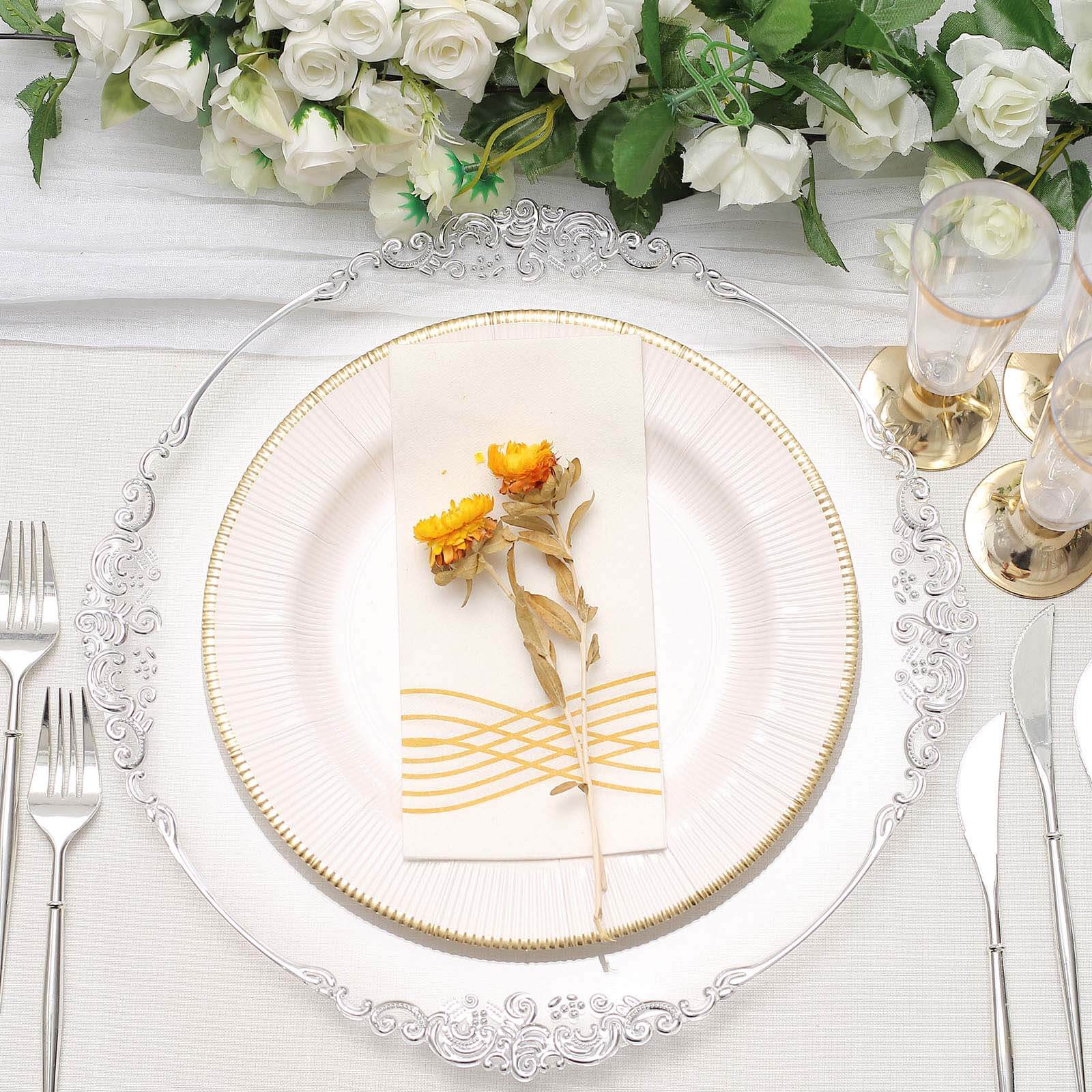 6-Pack Acrylic Round Charger Plates 13" in Clear with Silver Embossed Baroque Rim, Antique Decorative Dinner Party Charger Tableware
