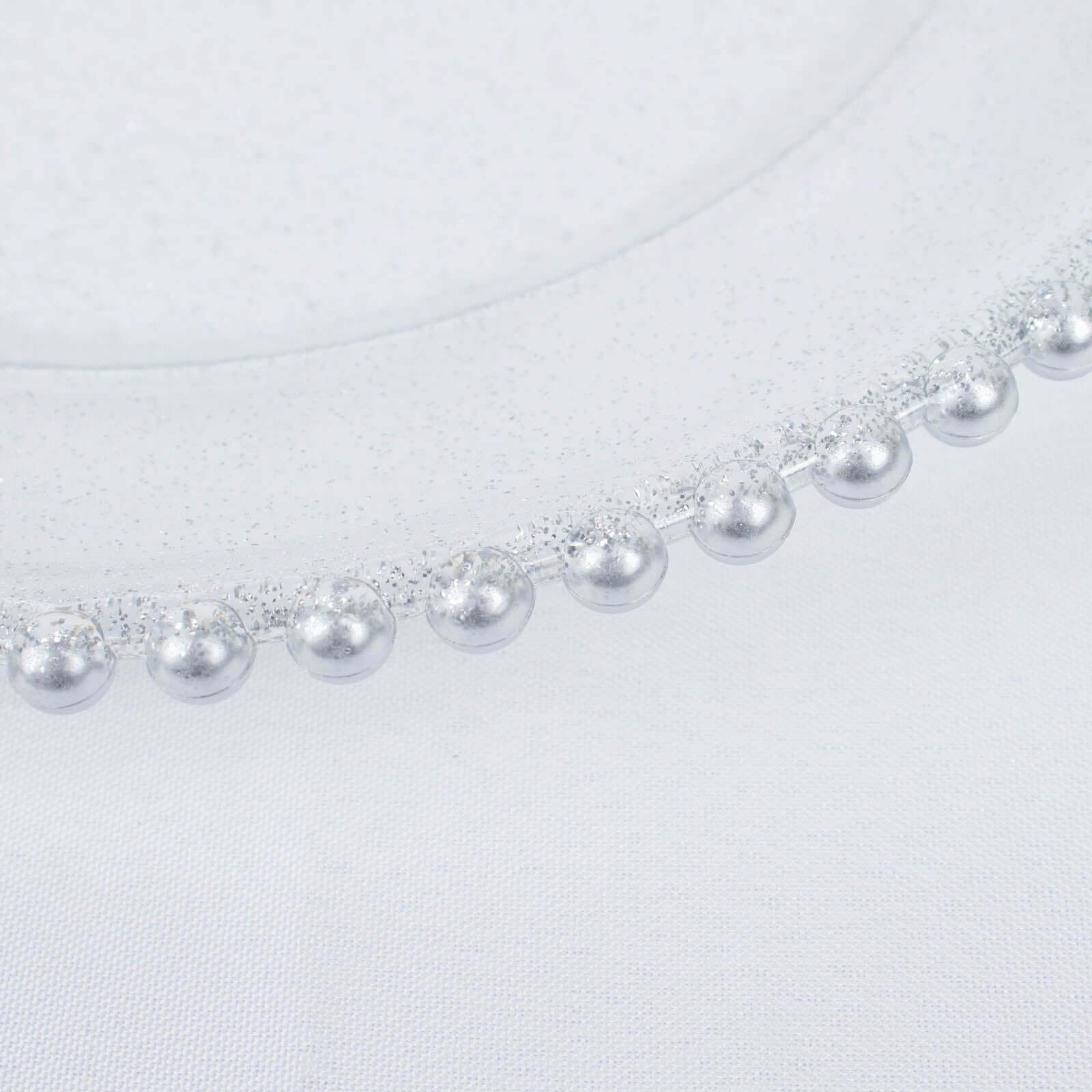 6-Pack Acrylic Round Charger Plates 13" in Clear Silver Glittered with Beaded Rim, Decorative Dinner Party Serving Plates