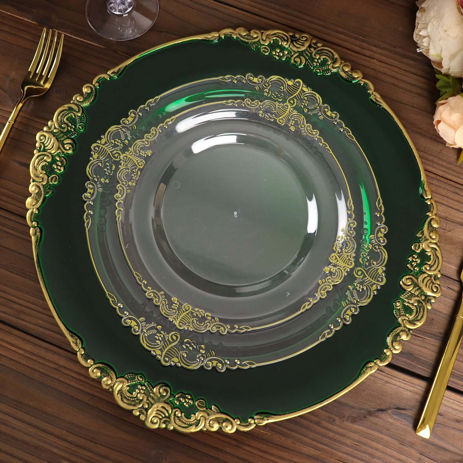 6-Pack Acrylic Round Charger Plates 13" in Hunter Emerald Green with Gold Embossed Baroque Rim, Antique Decorative Dinner Party Charger Tableware