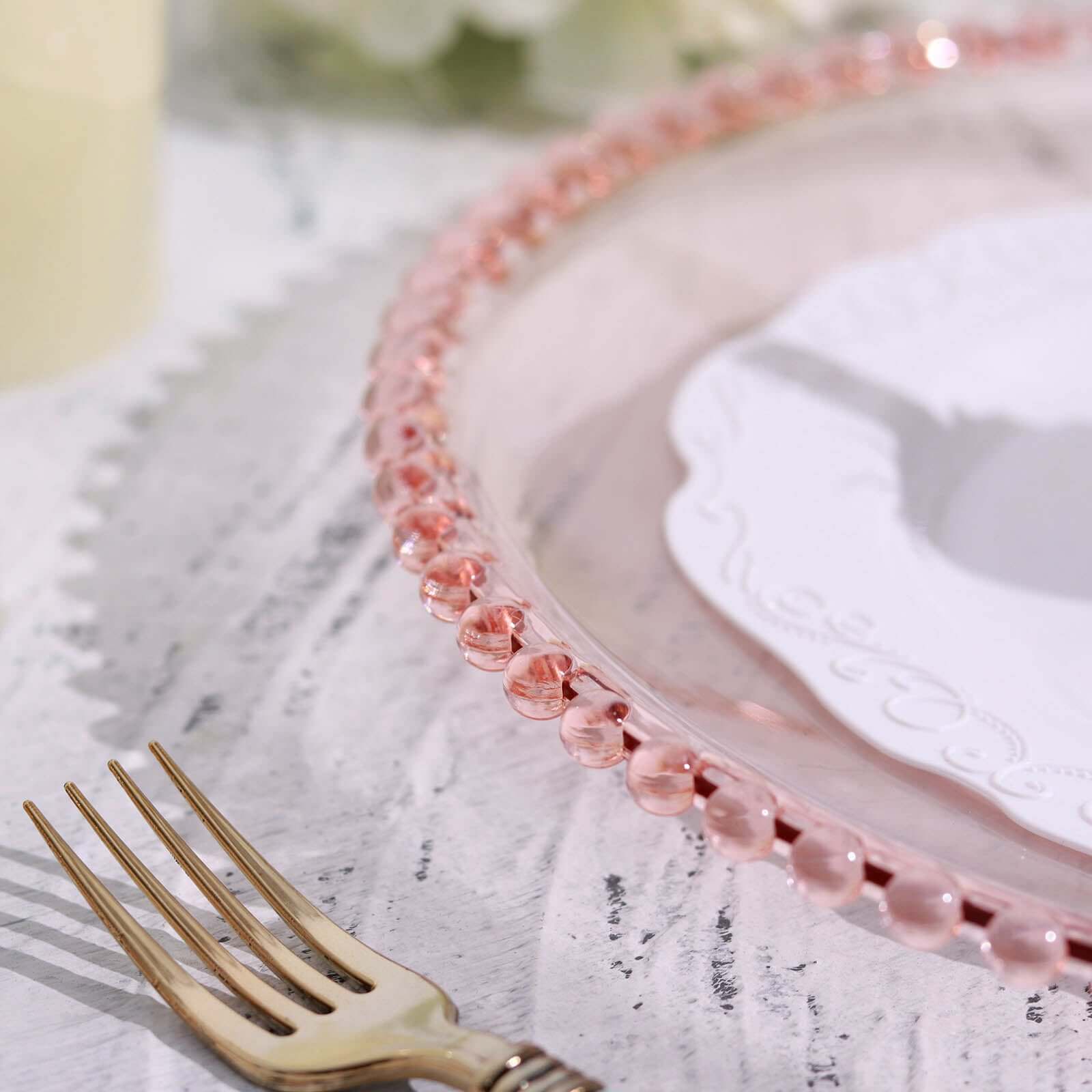 6-Pack Acrylic Round Charger Plates 13" in Transparent Blush with Beaded Rim, Decorative Dinner Party Serving Plates