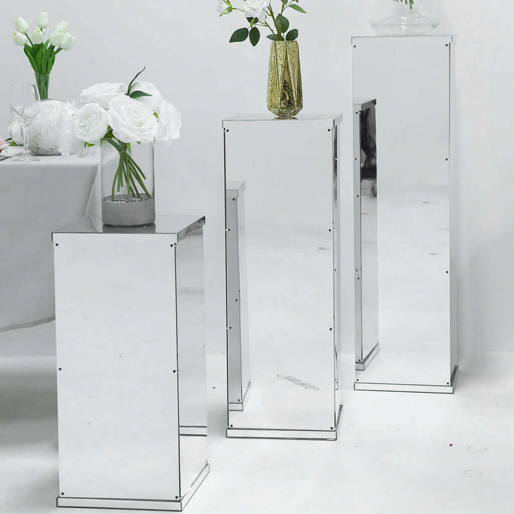 Set of 5 Silver Mirror Finish Acrylic Display Boxes, Pedestal Risers with Interchangeable Lid and Base - 12",16",24",32",40"