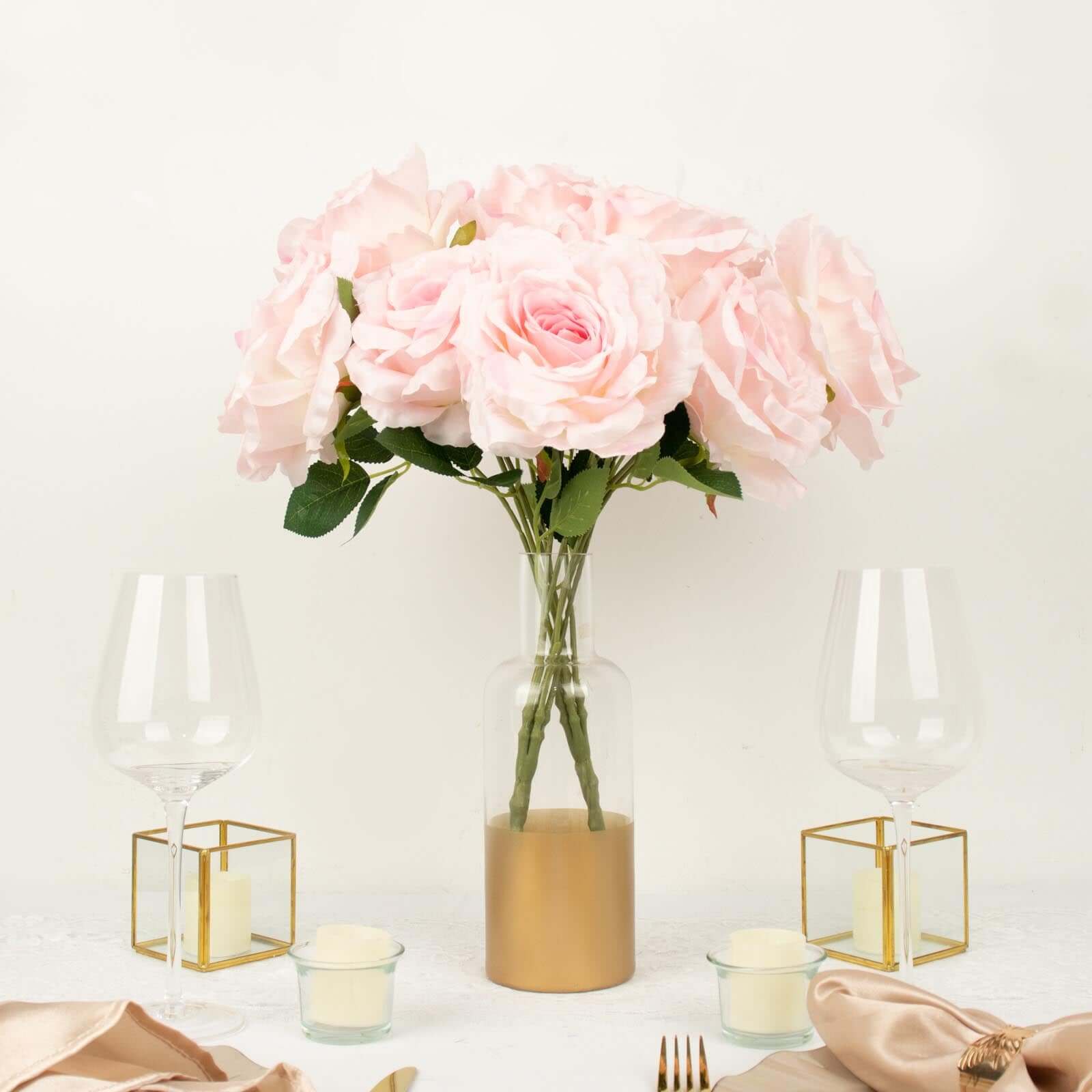 2 Bushes 17" Blush Premium Silk Jumbo Rose Flower Bouquet, High Quality Artificial Wedding Floral Arrangements