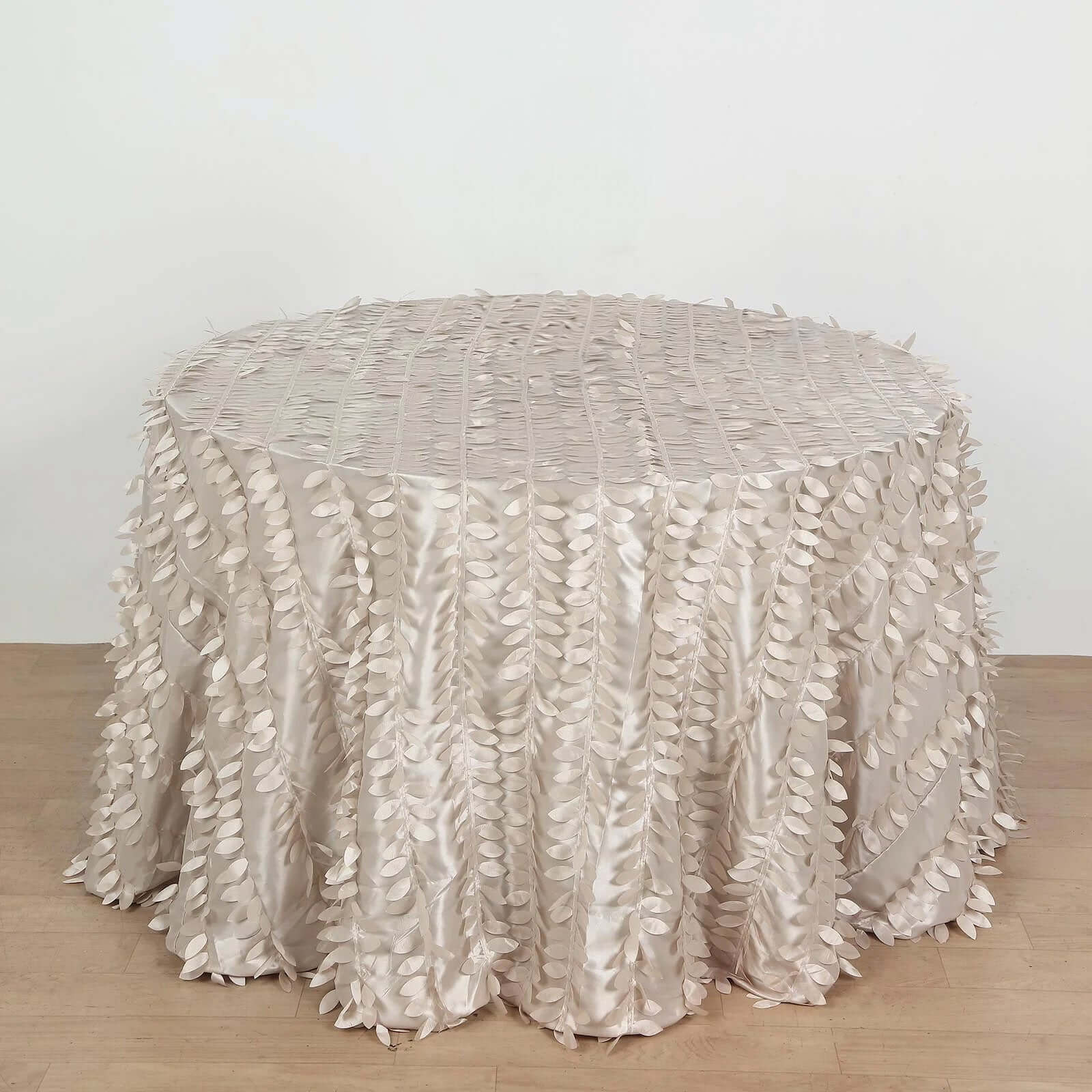 Taffeta 120" Round Tablecloth Beige 3D | 3D Leaf Petal Design Seamless Table Cover for Chic Wedding & Event Decor