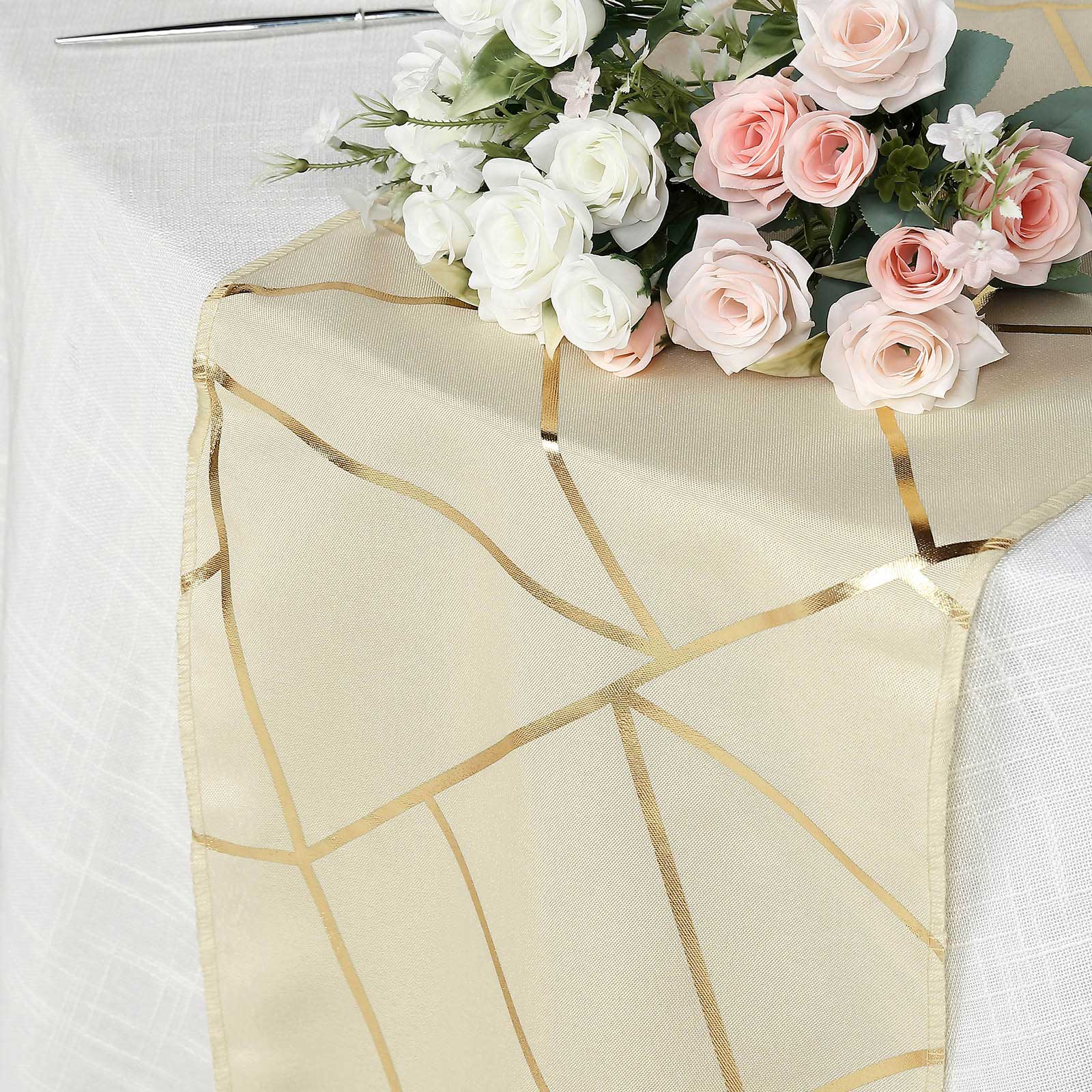 Polyester 9ft Table Runner Beige with Gold Foil Modern Geometric Accent
