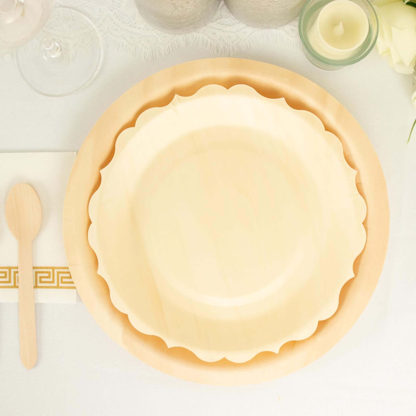 12-Pack Birchwood 9" Round Dinner Plates in Natural with Scalloped Rim - Eco Friendly Wooden Disposable Plates for Farmhouse-Style Events, Parties & Gatherings