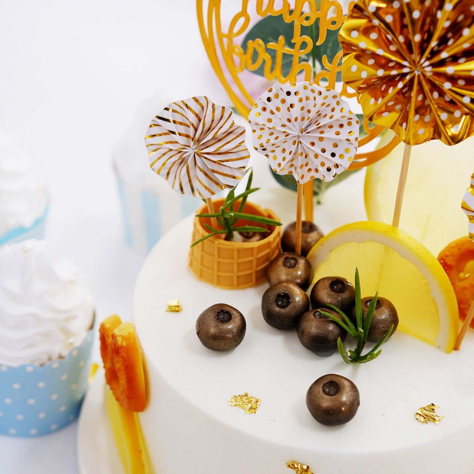6 Pcs Happy Birthday Cake Topper Gold/White - Fun Cake Decoration with 4 Mini Paper Fans & Confetti Balloon for Themed Parties & Special Occasions