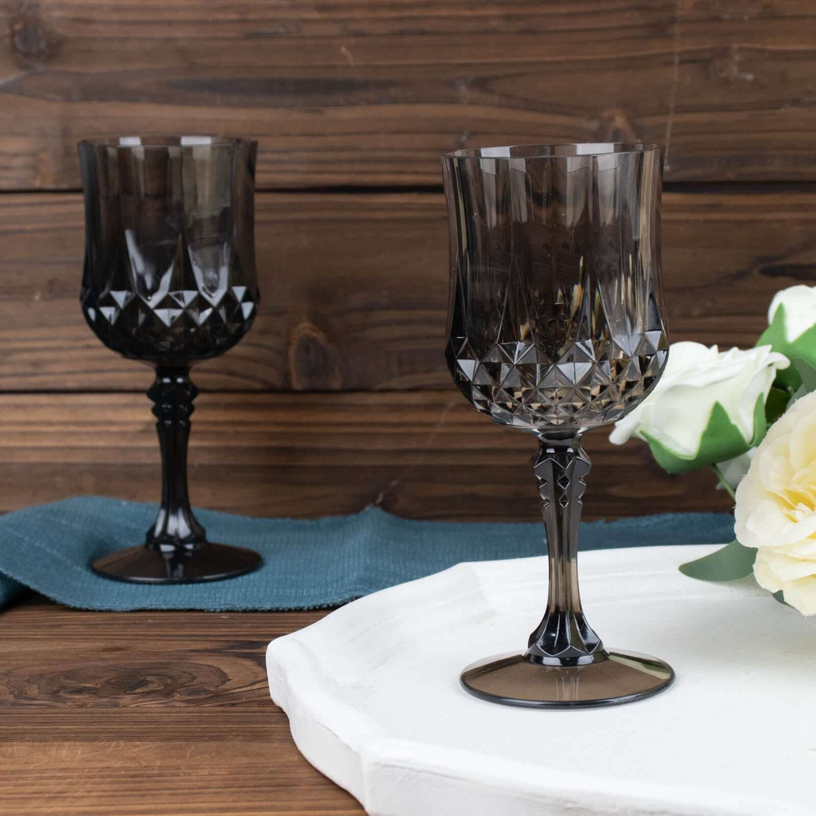 6-Pack Plastic Cocktail Goblets Black Transparent Crystal Cut - Shatterproof Drinkware 8oz