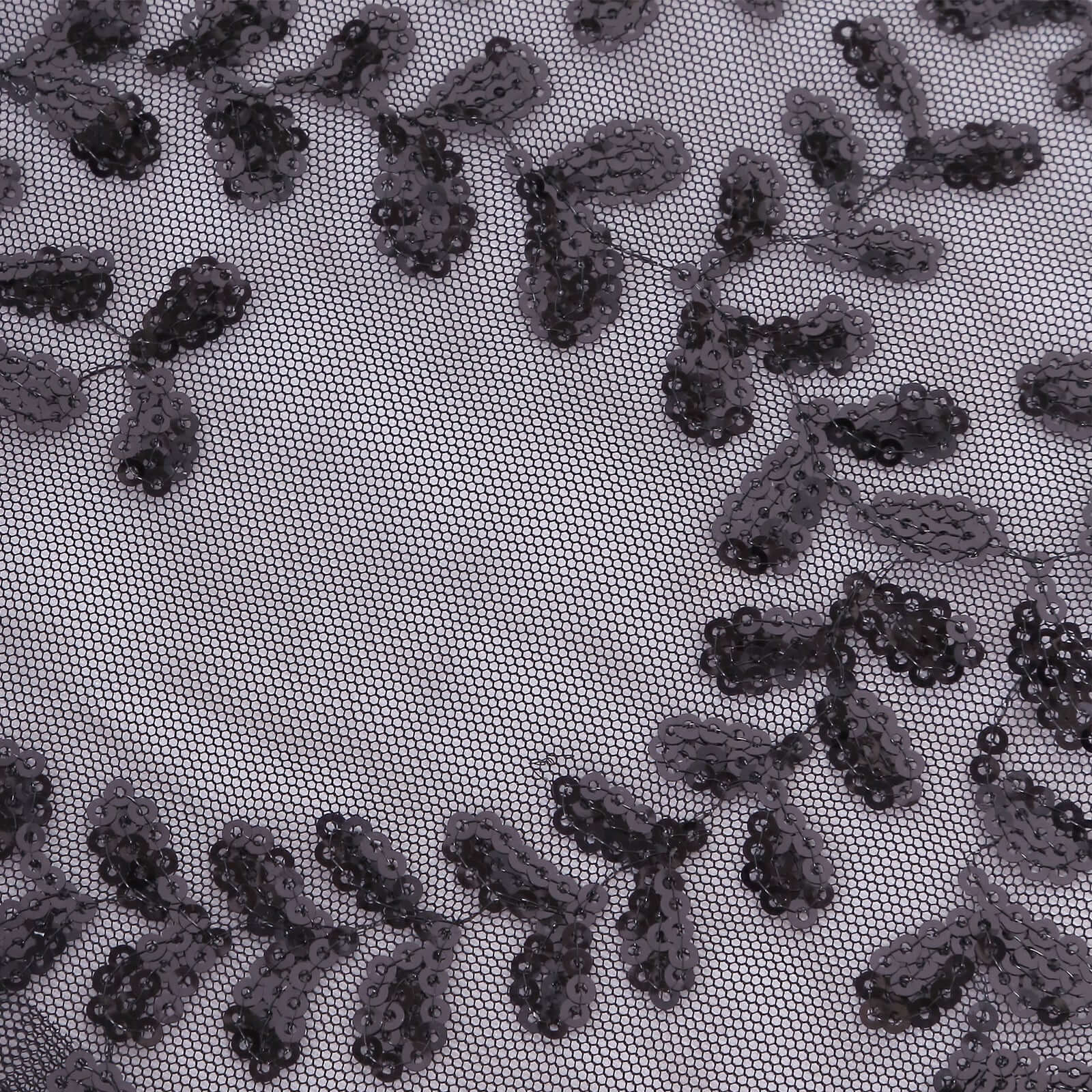 Tulle 120" Round Tablecloth Black - Seamless Sequin Leaf Embroidered Table Cover