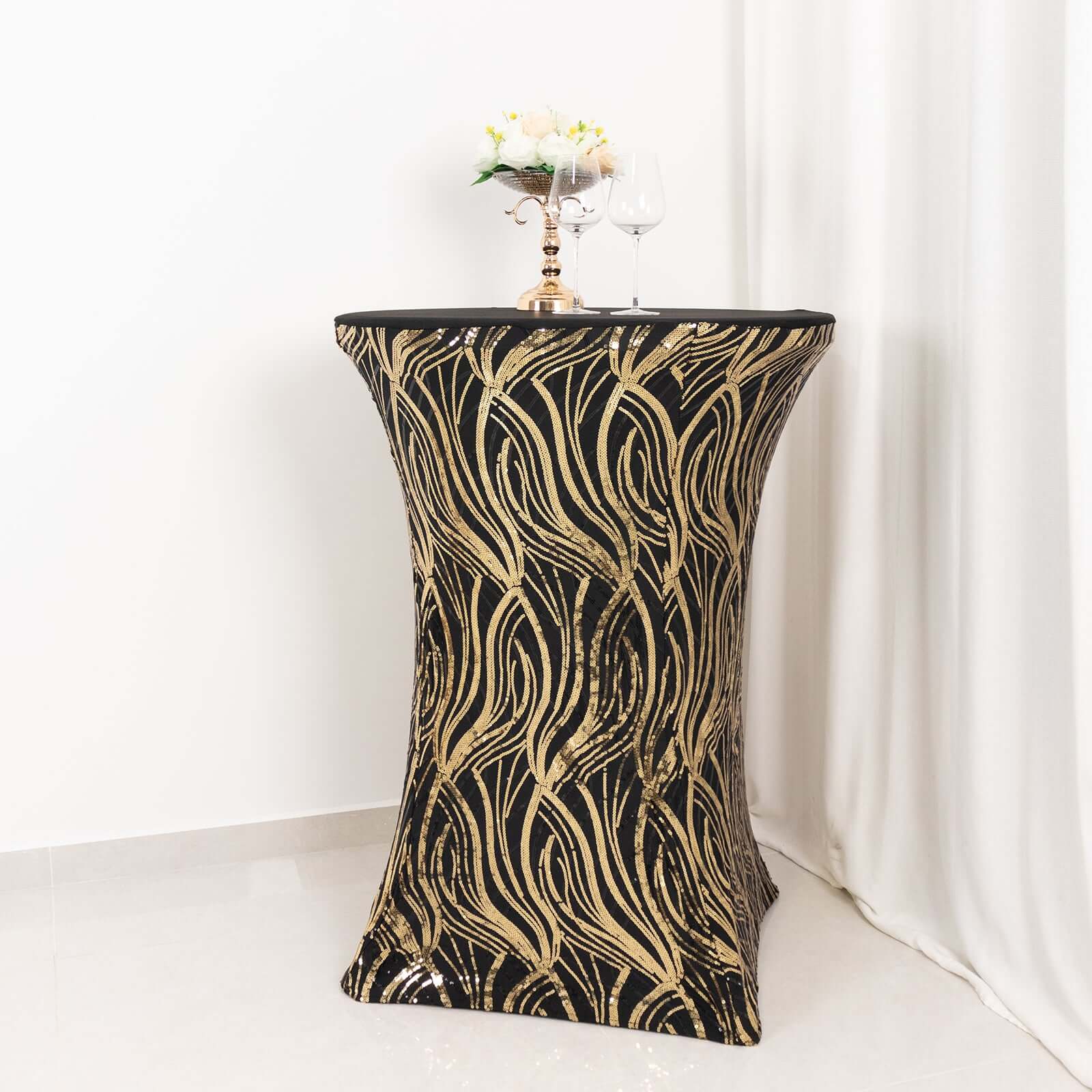 Spandex 32" Round Cocktail Table Cover Black/Gold with Wave Embroidered Sequins - Glamorous Design for Upscale Events