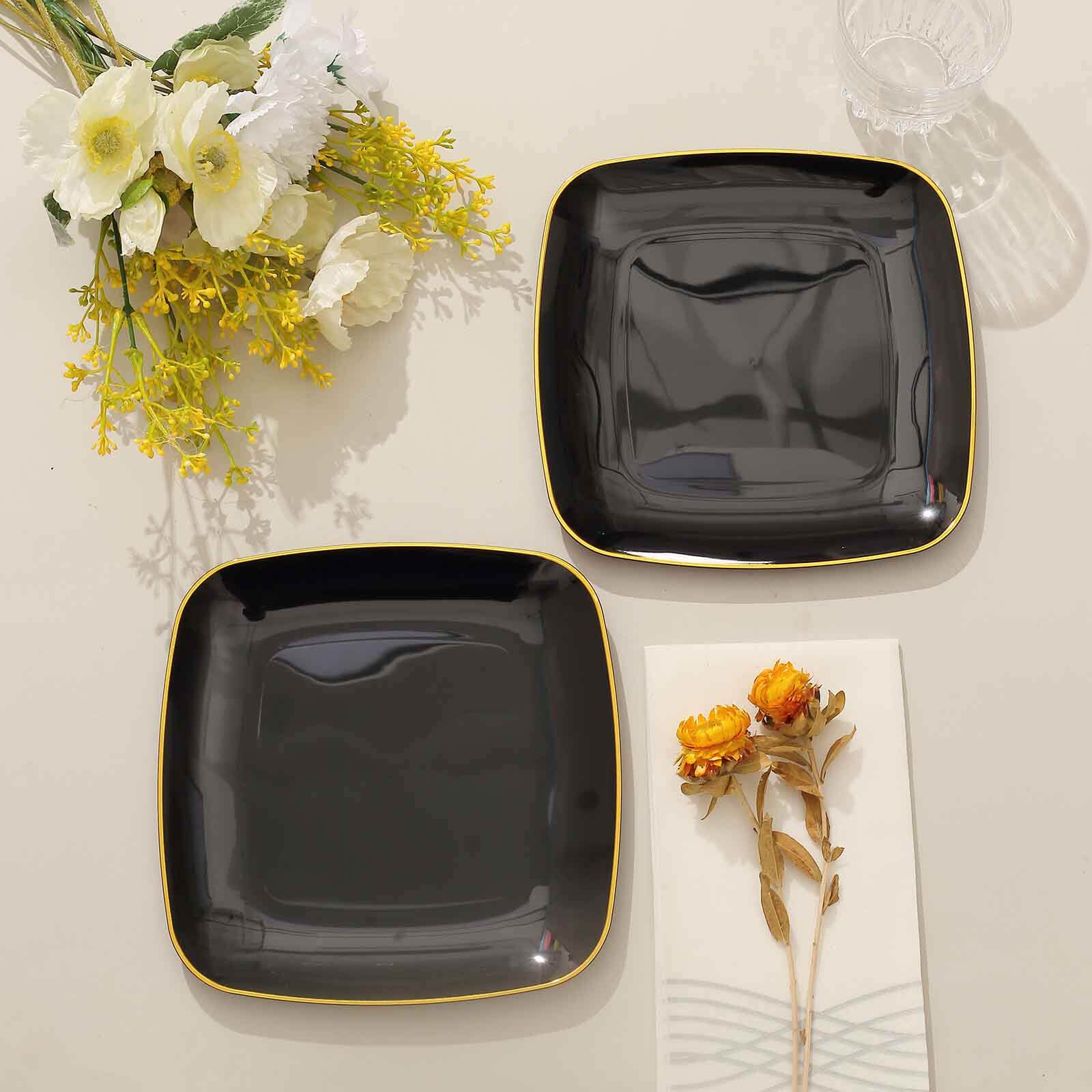 10-Pack Plastic 7" Square Dessert Plates in Black with Gold Rim - Classy Disposable Appetizer Salad Plates