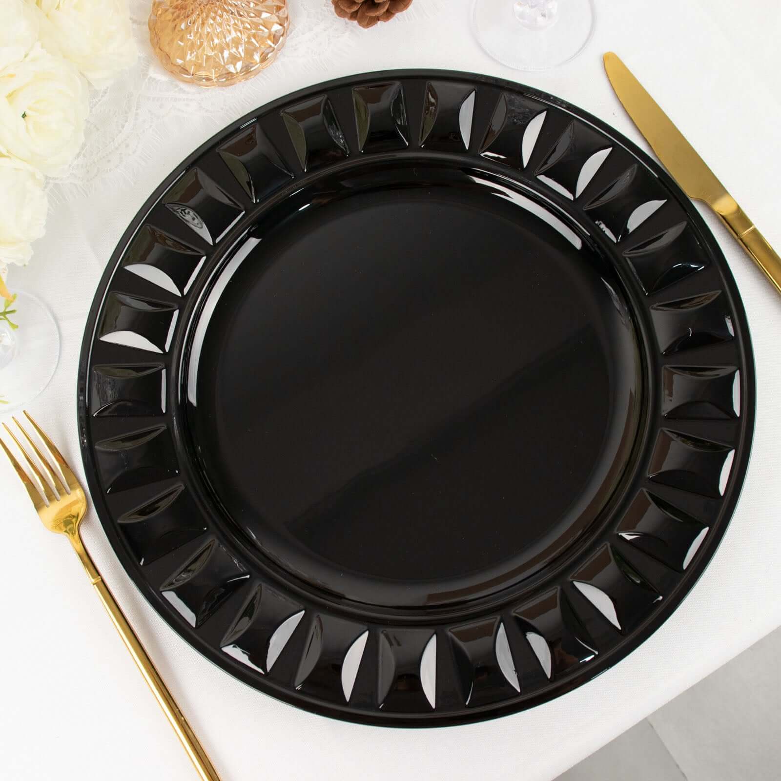 6-Pack Plastic Round Charger Plates 13" in Black with Bejeweled Rim, Luxe Decorative Dinner Party Charger Tableware