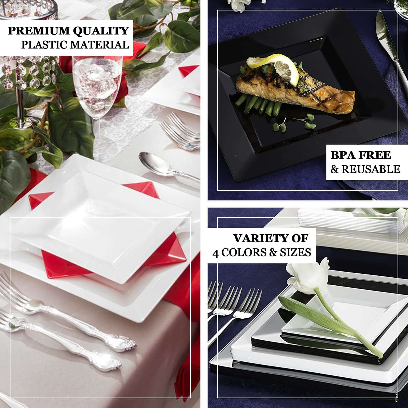 10-Pack Plastic Dinner Plates Glossy Black Square with Wide Rim - Sturdy Disposable Party Plates 10"