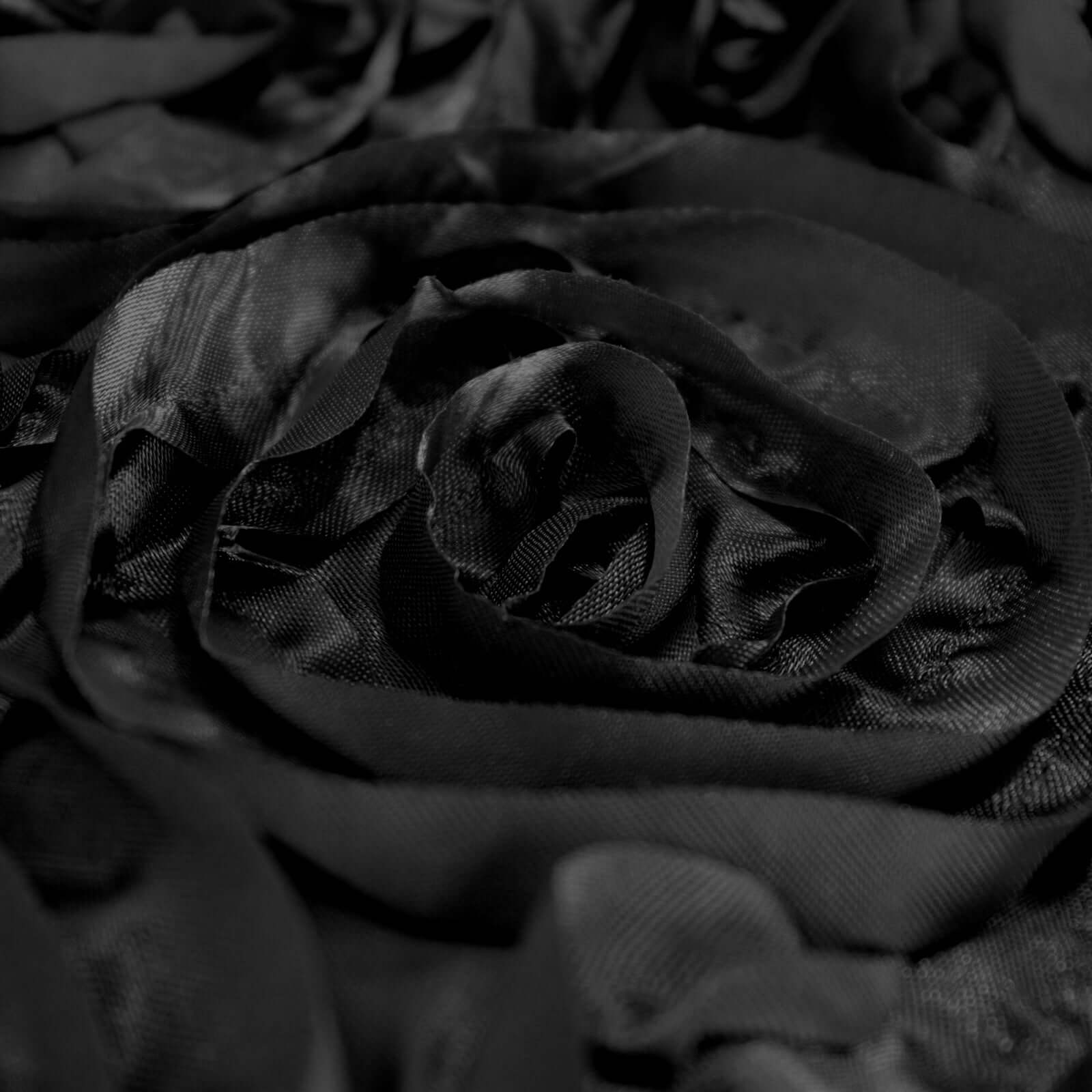 Satin 90"x132" Rectangle Tablecloth Black - Grandiose 3D Rosette Design with Seamless Finish for Graceful Gatherings