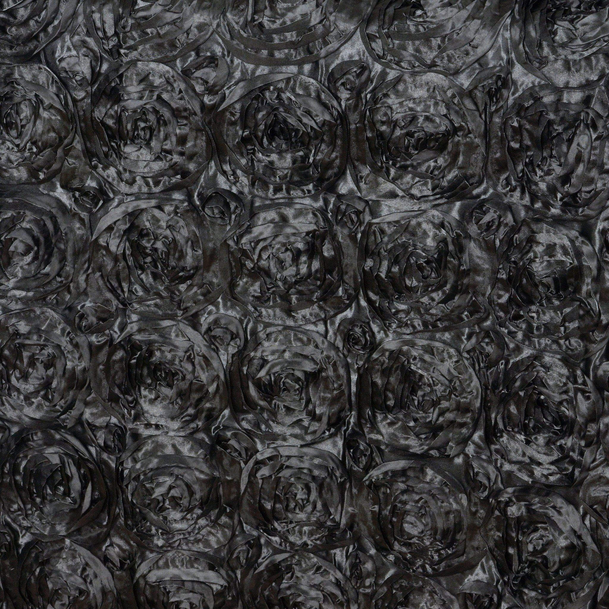 Satin 90"x156" Rectangle Tablecloth Black - Grandiose 3D Rosette Table Cover with Seamless Finish