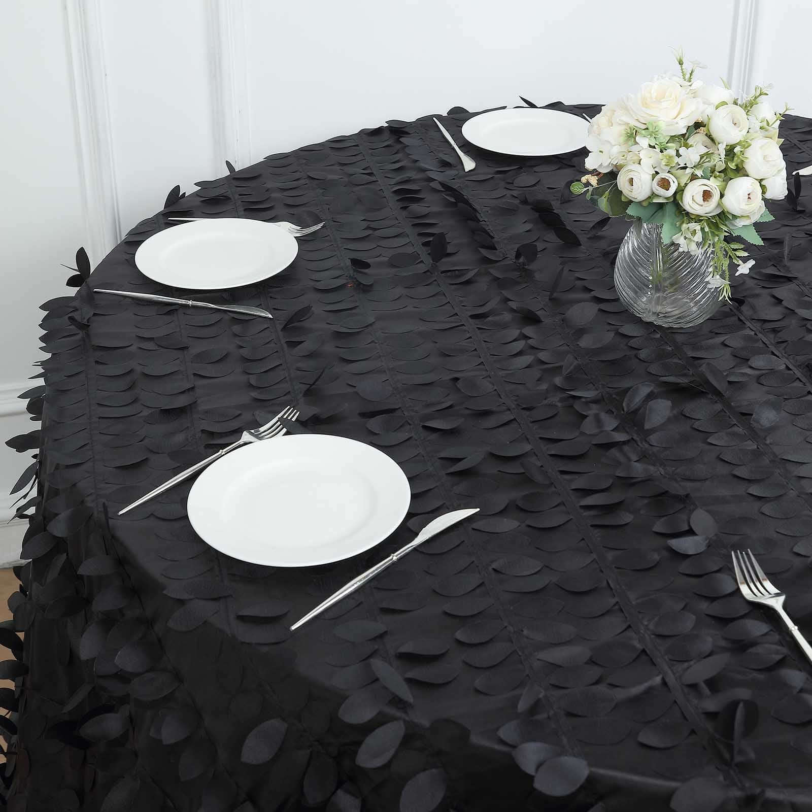 Taffeta 120" Round Tablecloth Black Leaf | 3D Leaf Petal Design Seamless Table Cover