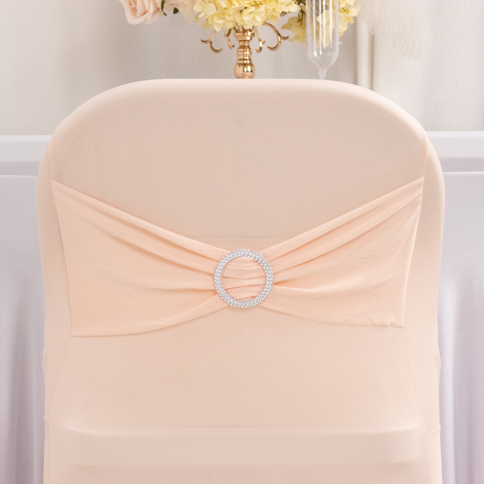 Stretch Spandex Chair Cover Blush for Folding Chairs - Secure Fit Slipcover with Silver Rhinestone Buckled Sash Band