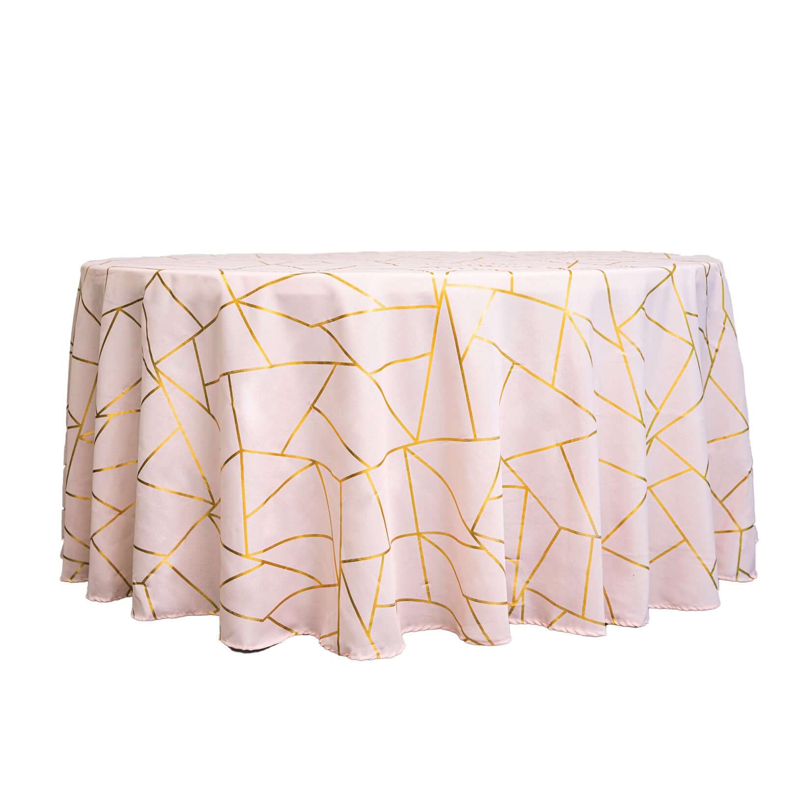 Polyester 120" Round Tablecloth Blush with Gold Foil Geometric Pattern Wrinkle-Resistant Seamless Table Cover