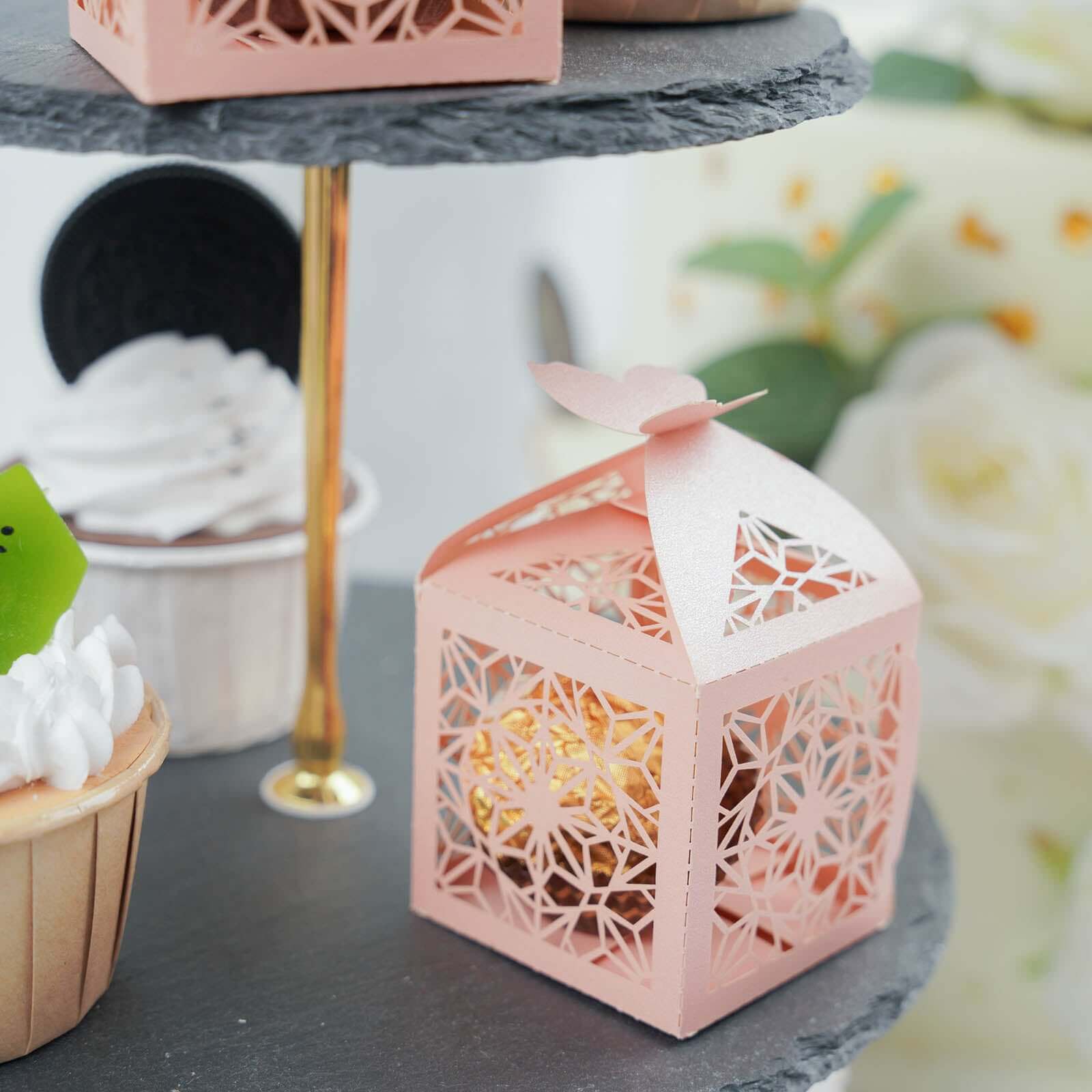 25 Pack Blush Butterfly Top Laser Cut Favor Candy Gift Box