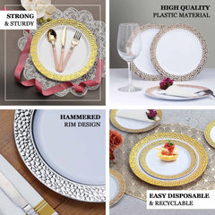 10-Pack Plastic 7.5" Round Appetizer Plates in Blush Hammered Design with Gold Rim - Disposable Salad Plates for Chic Banquets & Special Occasions