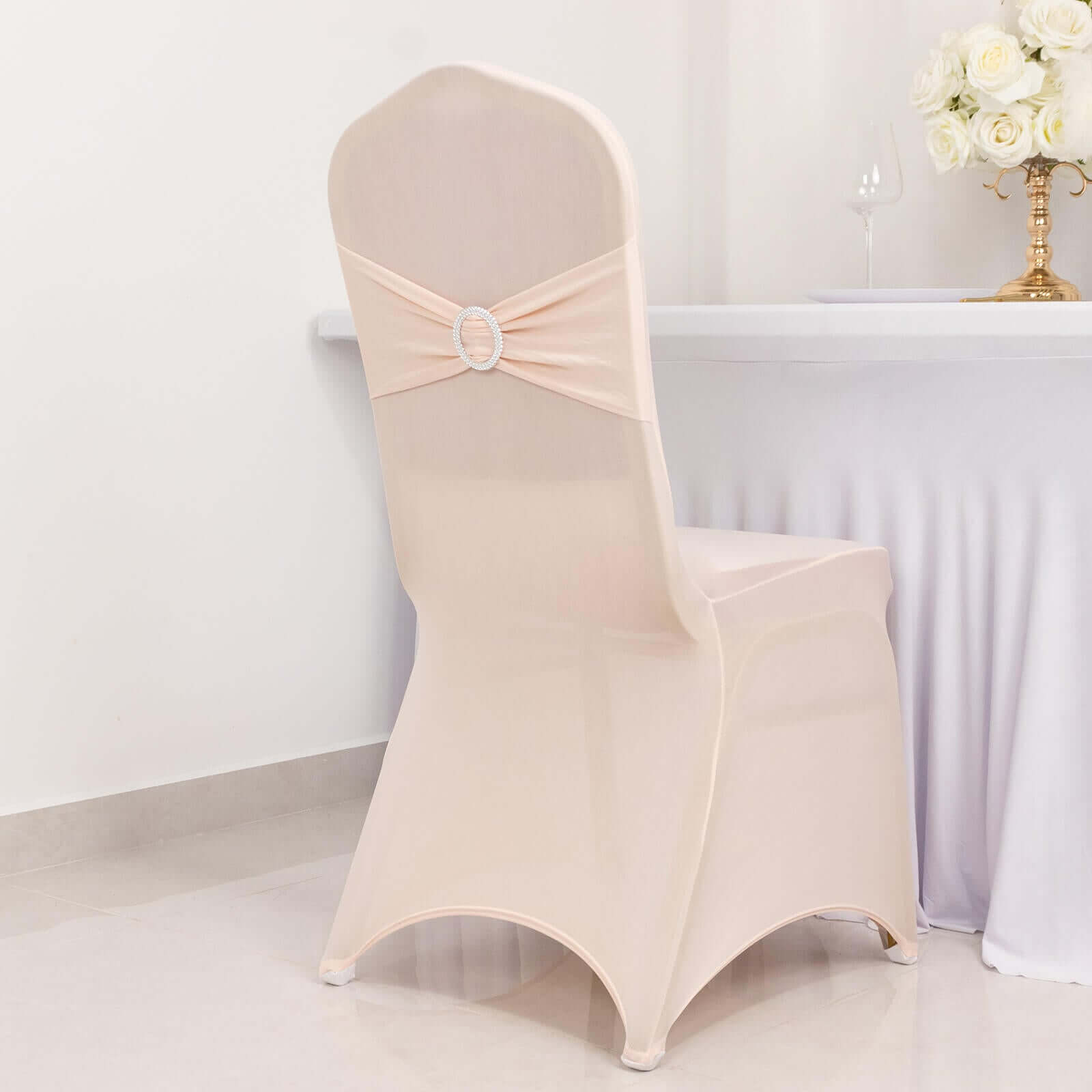 Spandex Chair Cover with Blush Rhinestone Buckled Sash Band Blush - Stretch Fitted Slipcover