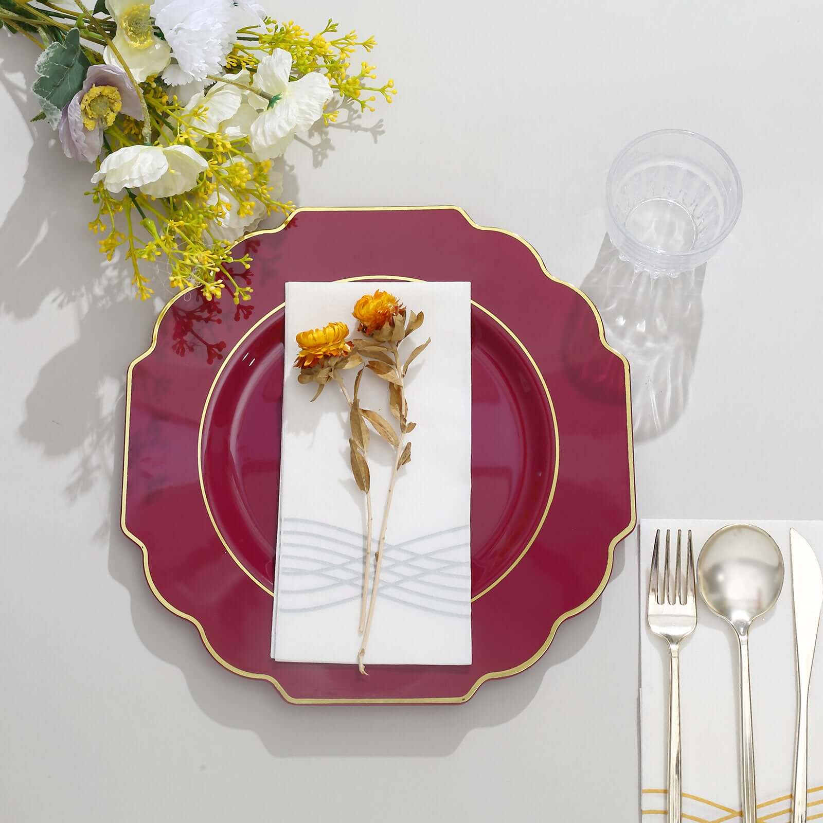 10-Pack Plastic Dinner Plates in Burgundy Baroque Design with Scalloped Gold Rim - Heavy Duty Disposable Party Plates 11"