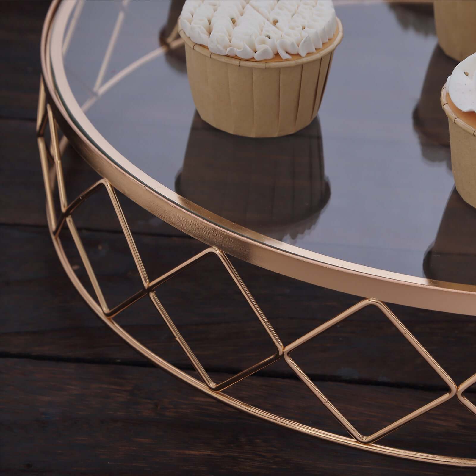 Metal Cake Stand Geometric Diamond Cut Design Gold with Glass Top - Dessert Display Riser 14"