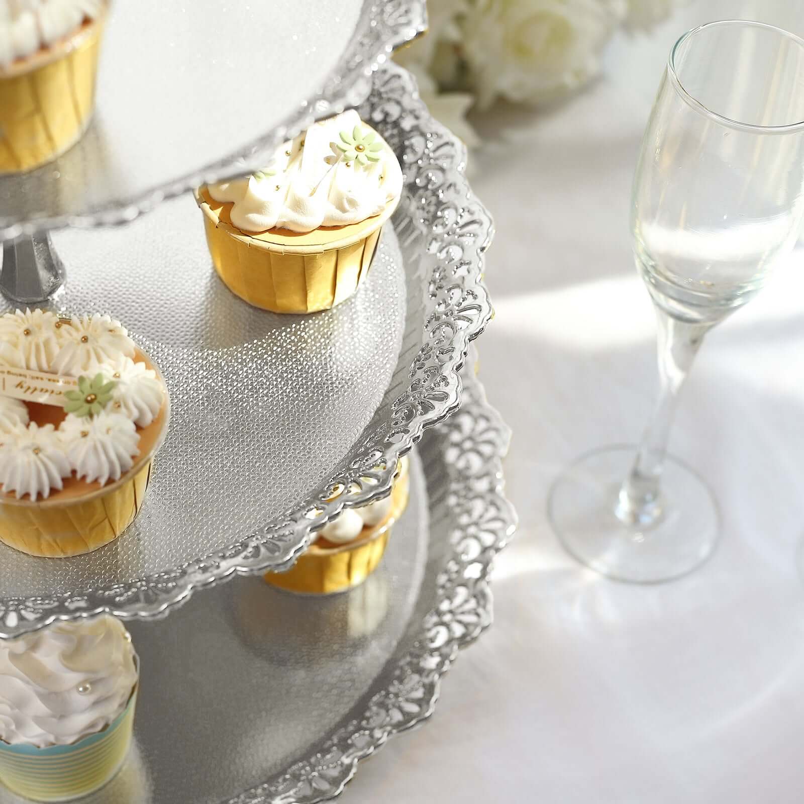 3-Tier Plastic Round Cupcake Stand 15" Metallic Silver with Lace Scalloped Edges - Multifunctional Space Saving Dessert Display Tower Pastry Serving Tray for Classy Events