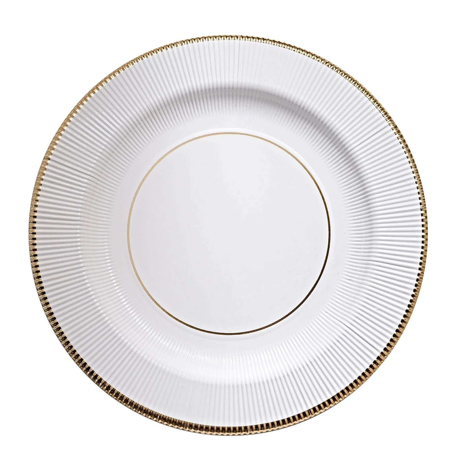 25-Pack Disposable Round Charger Plates in White Sunray Design with Gold Rim - 350GSM Heavy Duty Paper Chargers for Chic Table Settings 13"
