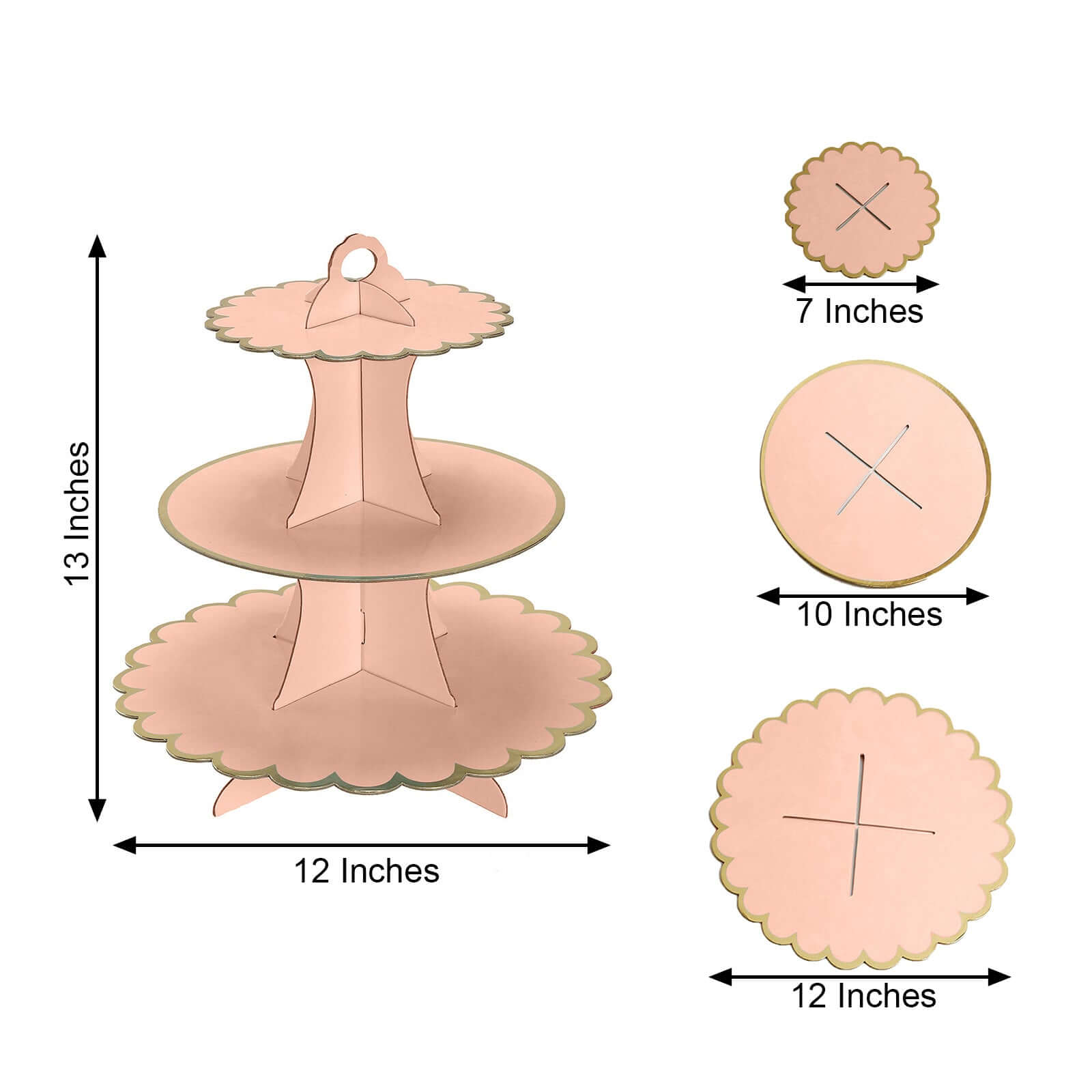 3-Tier Cardboard Cupcake Stand Blush - Sturdy & Collapsible Dessert Treat Tower with Gold Scalloped Rim for Baby Shower Wedding & Party Decor 13"