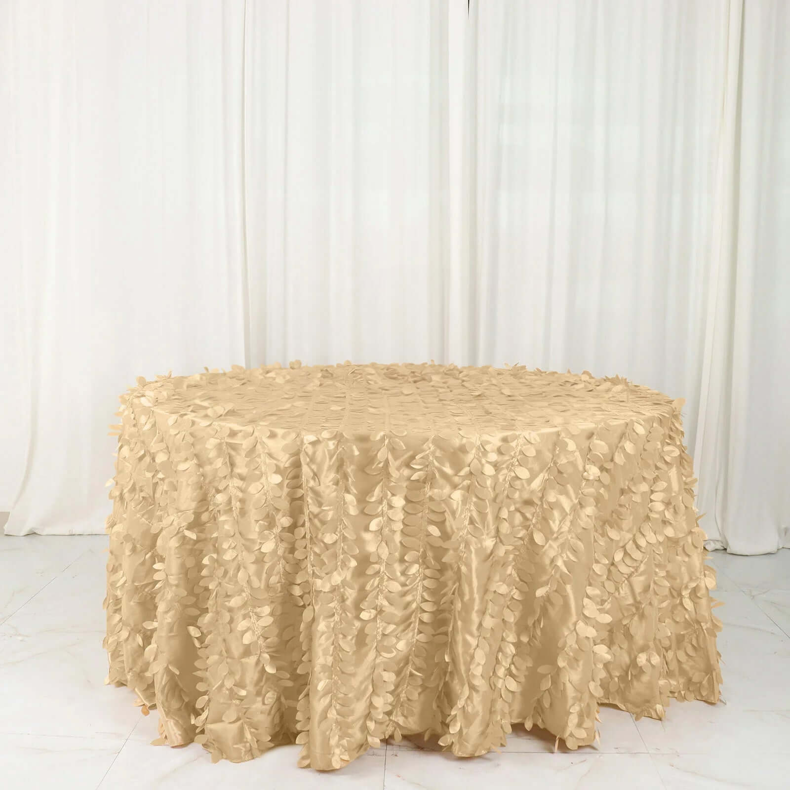 Taffeta 132" Round Tablecloth Champagne Leaf | 3D Leaf Petal Design Seamless Table Cover