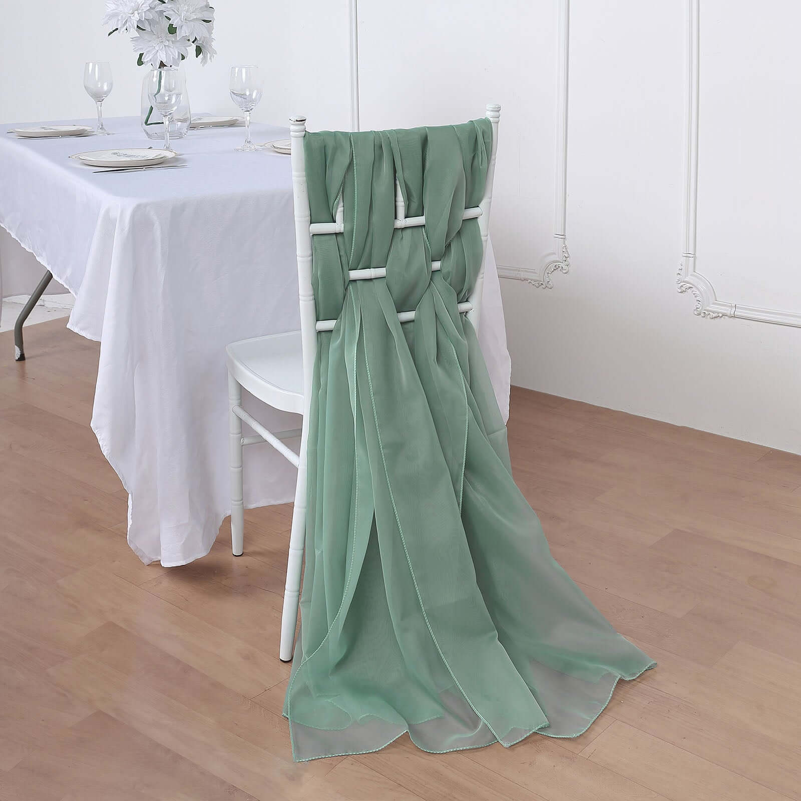 5 Pack Premium Chiffon Chair Sashes Eucalyptus Sage - Soft & Lightweight Designer Chair Bows 22"x78"