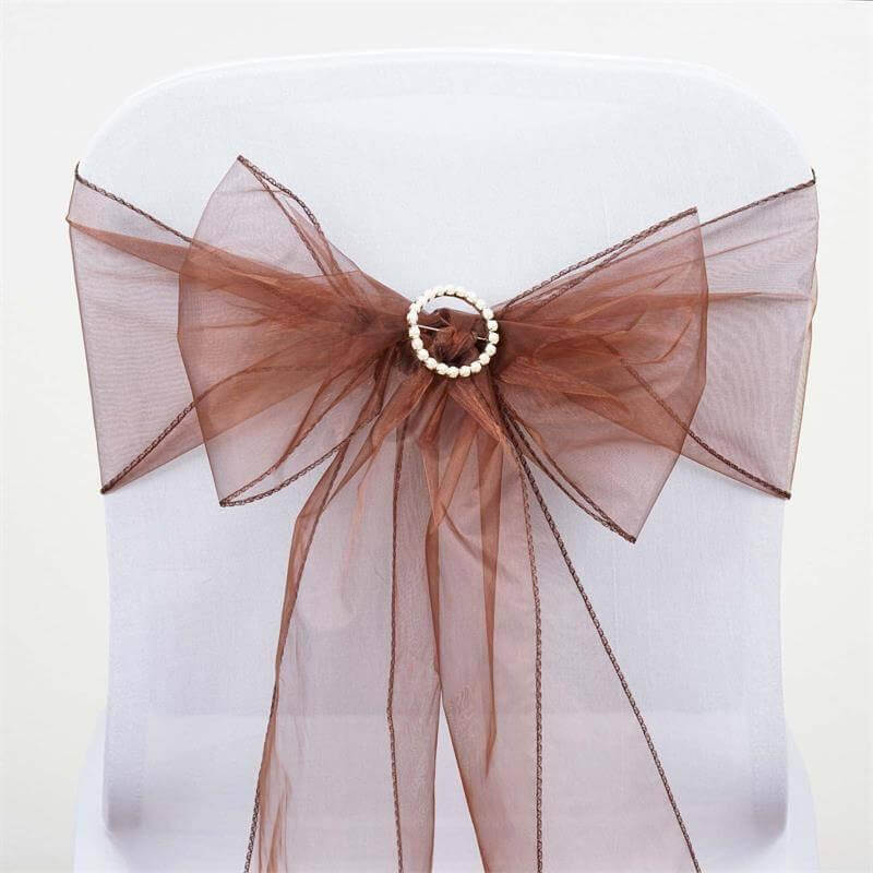 5 Pack Organza Chair Sashes Chocolate - Reusable Sheer Chair Bows 6"x108"