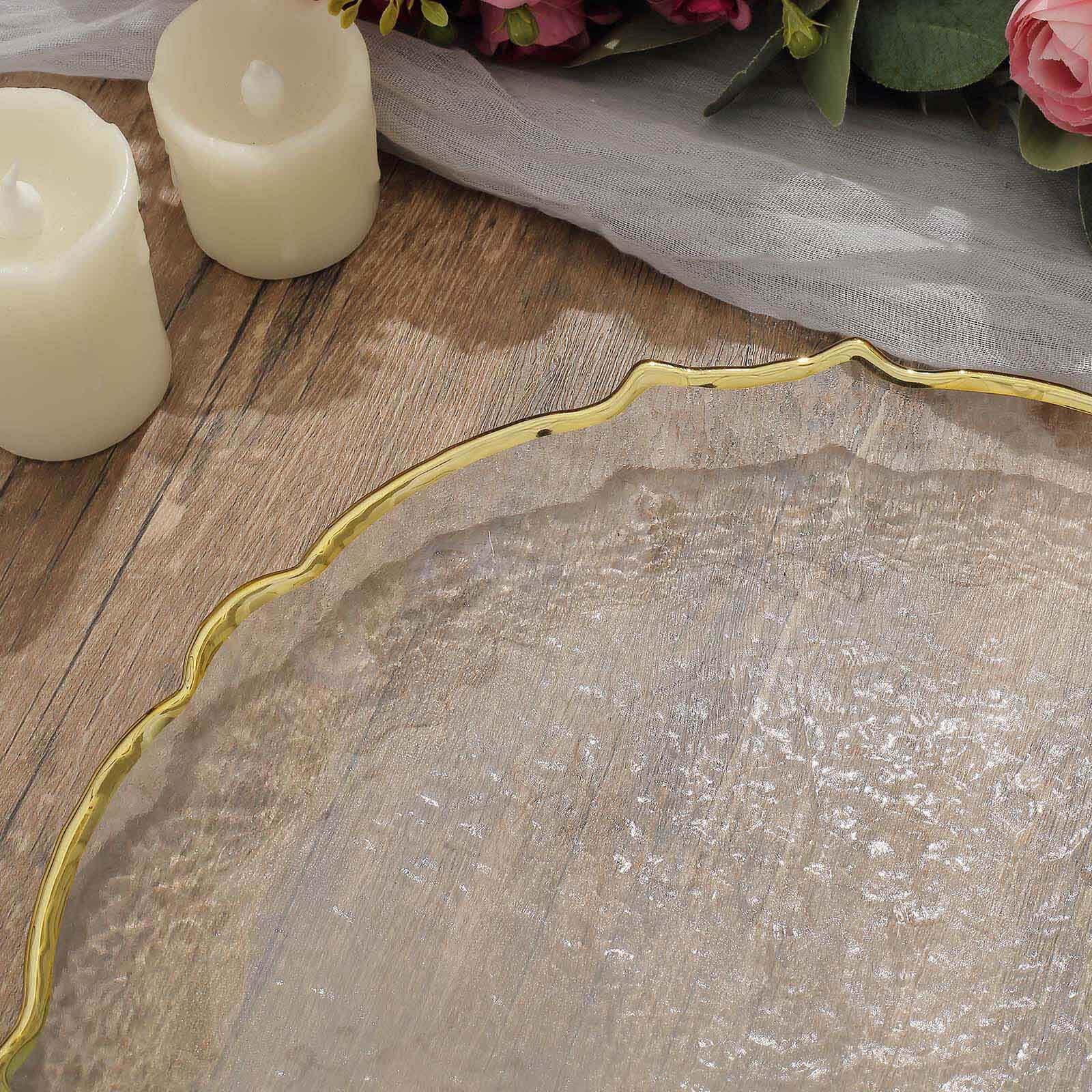 8-Pack Glass Round Charger Plates 13" in Clear with Gold Sunflower Scalloped Rim, Decorative Dinner Chargers