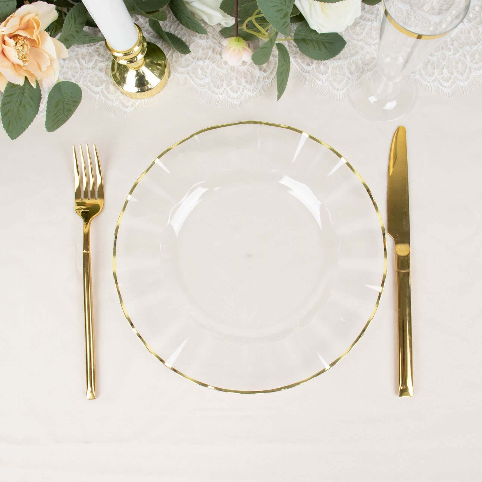 10-Pack Plastic 9" Round Dinner Plates in Clear Ruffled Rim with Gold Edging - Sturdy Disposable Dinnerware