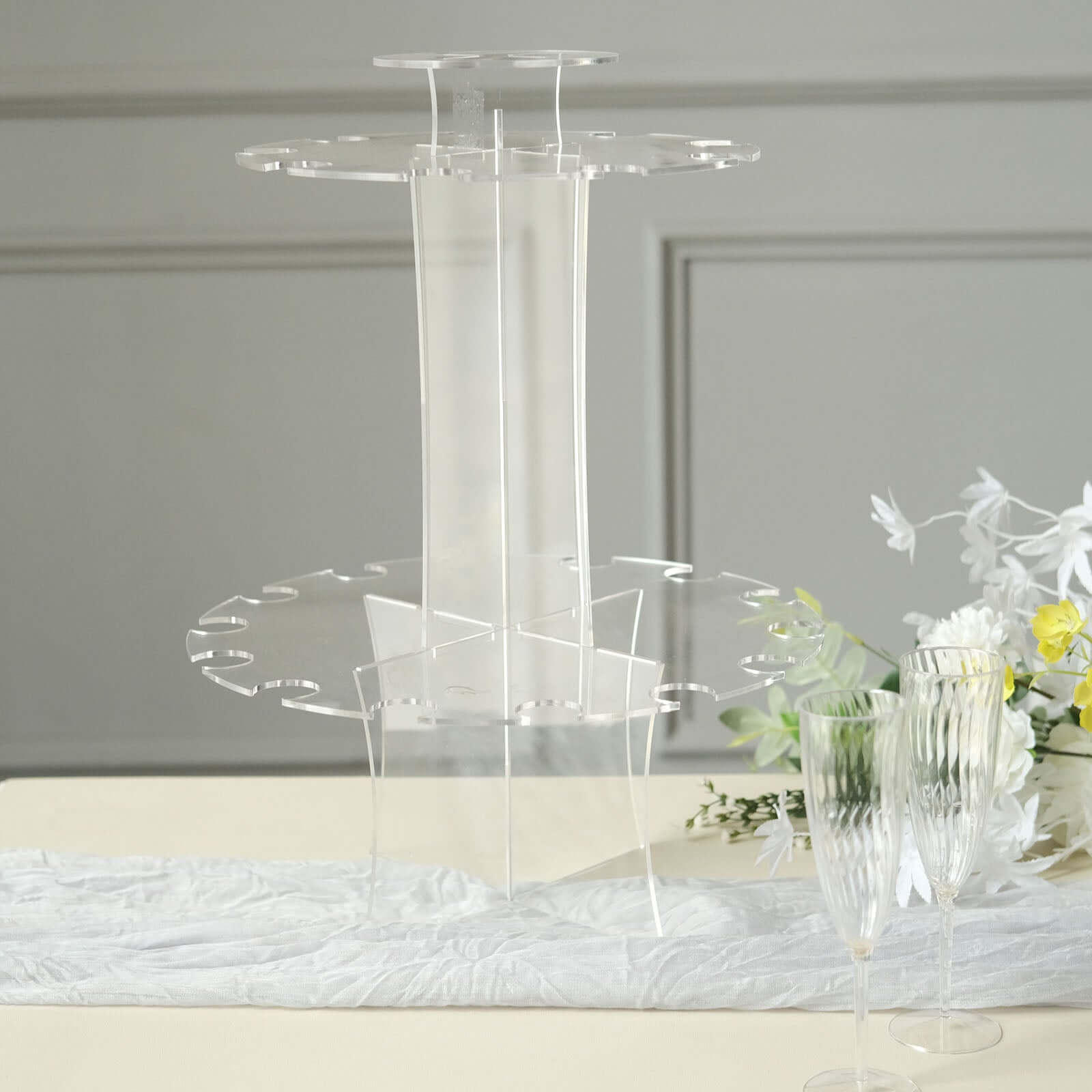 3-Tier Round Champagne Glass Holder Tower Clear Acrylic - Flute Display Rack Cocktail Tree Stand Holds 23 Stemware + 1 Bottle for Professional & Home Use 21"