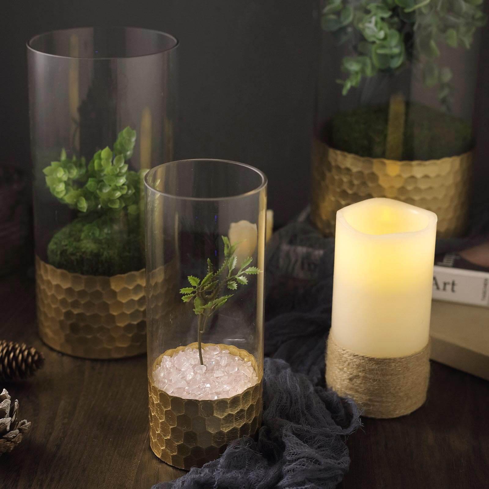 Set of 3 Clear Glass Cylinder Vases with Gold Honeycomb Base, Votive Tealight Candle Holder Set - 8",10",12"