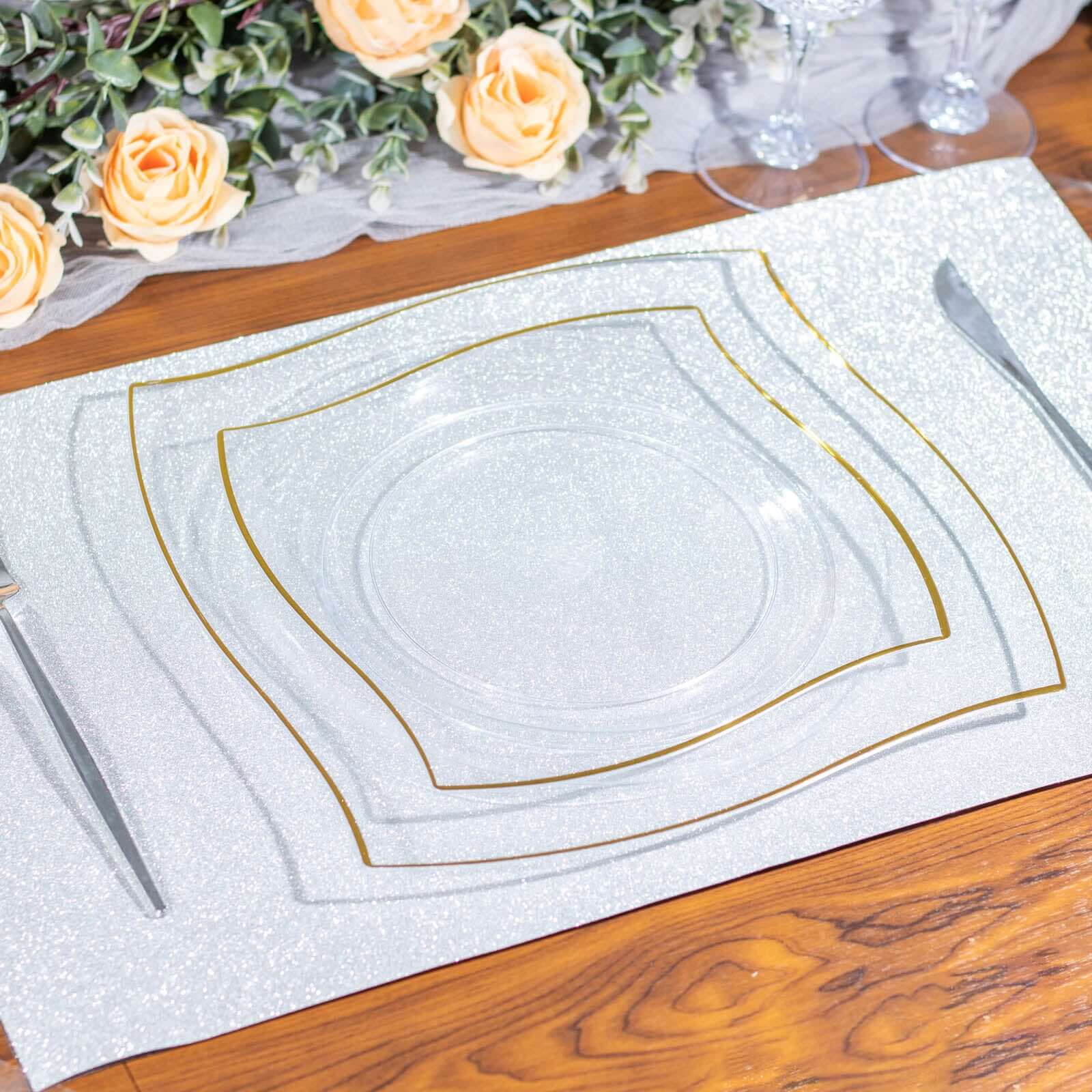 10-Pack Plastic 8" Square Dessert Plates in Clear with Gold Wavy Rim Modern - Disposable Salad Appetizer Party Plates