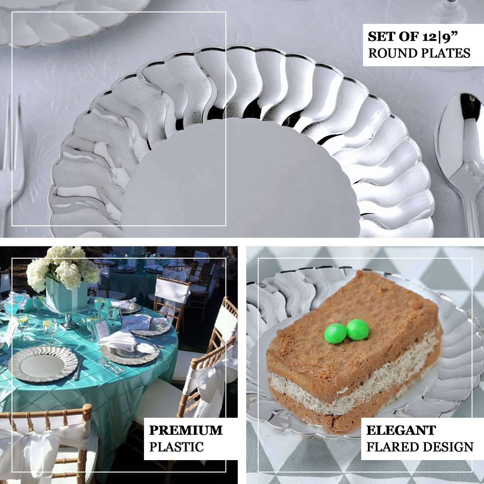 12-Pack Plastic Dinner Plates Silver Flared Rim - Durable Disposable Party Plates 9"